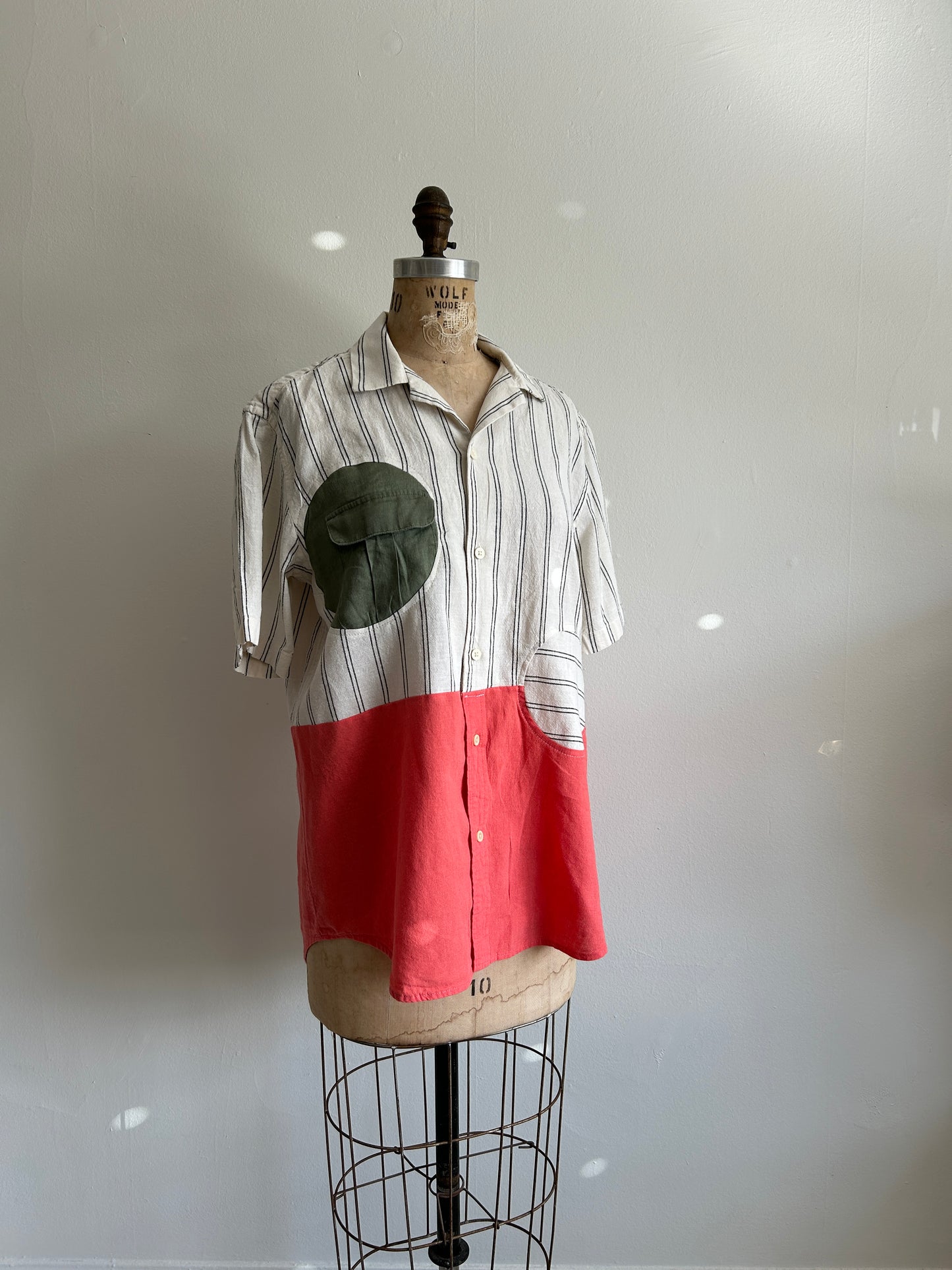 Upcycled Modern Workwear Cotton Pinstripe Shirt - Circle Series Size S/M #PIN7
