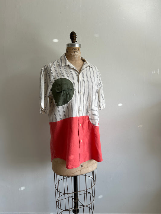 Upcycled Modern Workwear Cotton Pinstripe Shirt - Circle Series Size S/M #PIN7