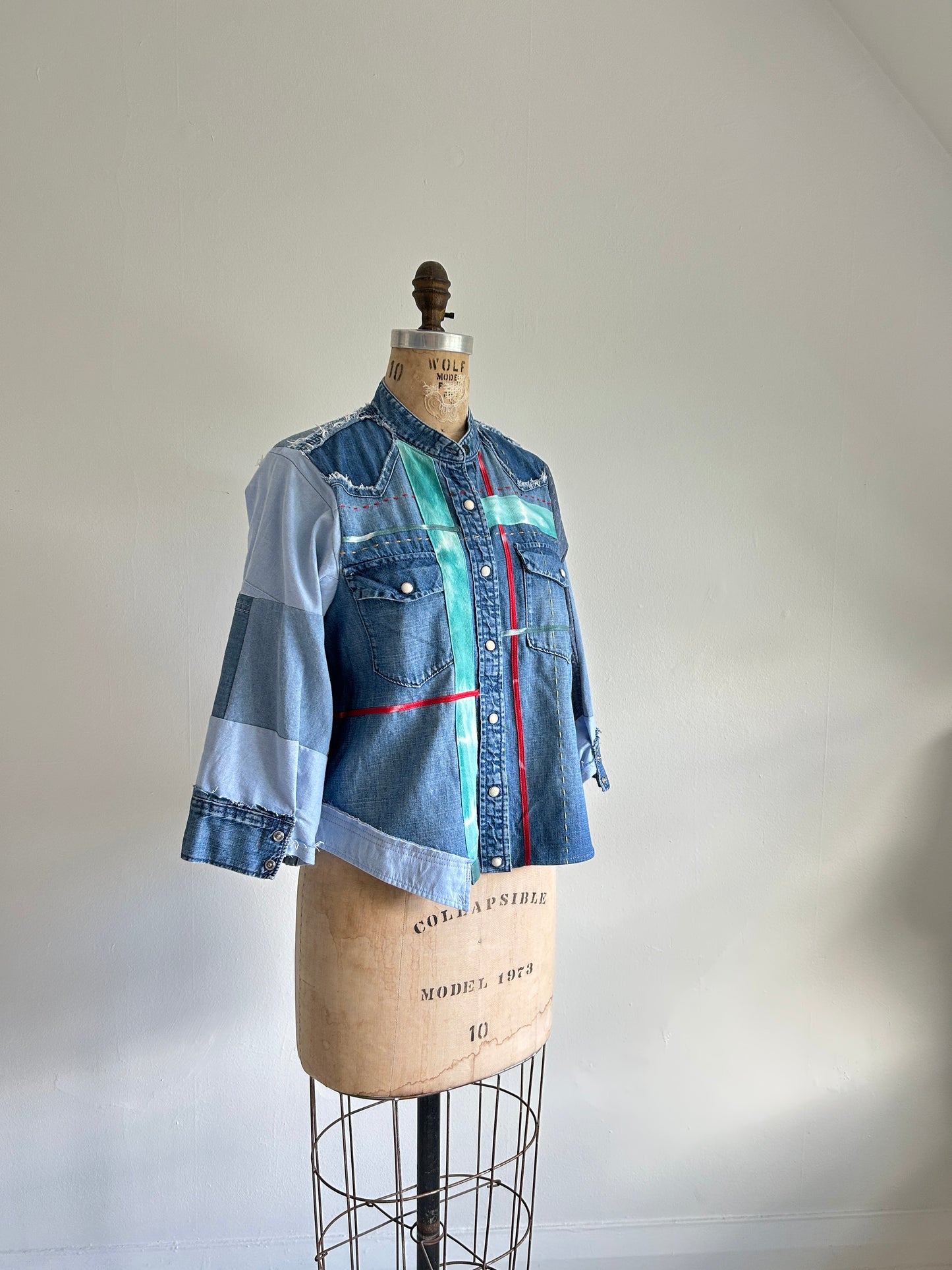 Ellis Reclaimed Patchwork Denim Shirt with Handstitching & Hand Dyed Twill Ribbon S/M #ELL3