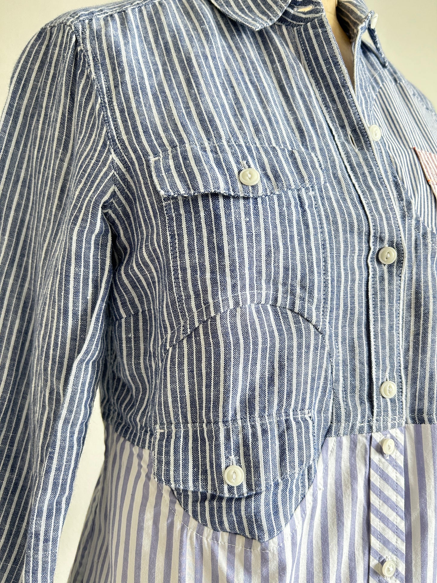 Upcycled Modern Workwear Pinstripe Shirt - Circle Series Size XS/S #PIN6