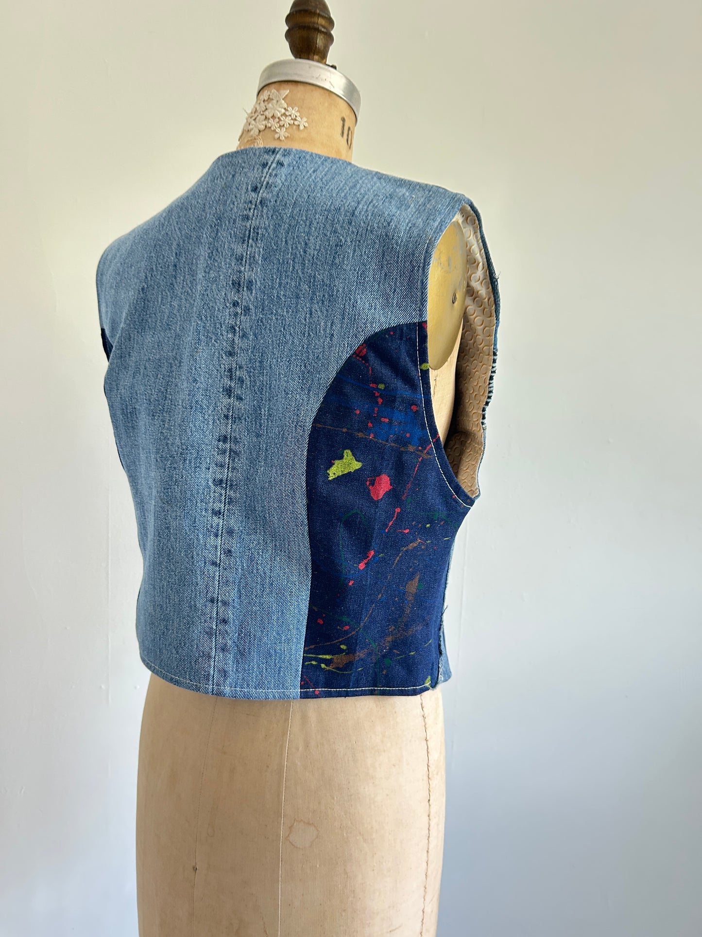 Leni Reclaimed Patchwork Denim Vest with Cotton Lining M/L #LENI6