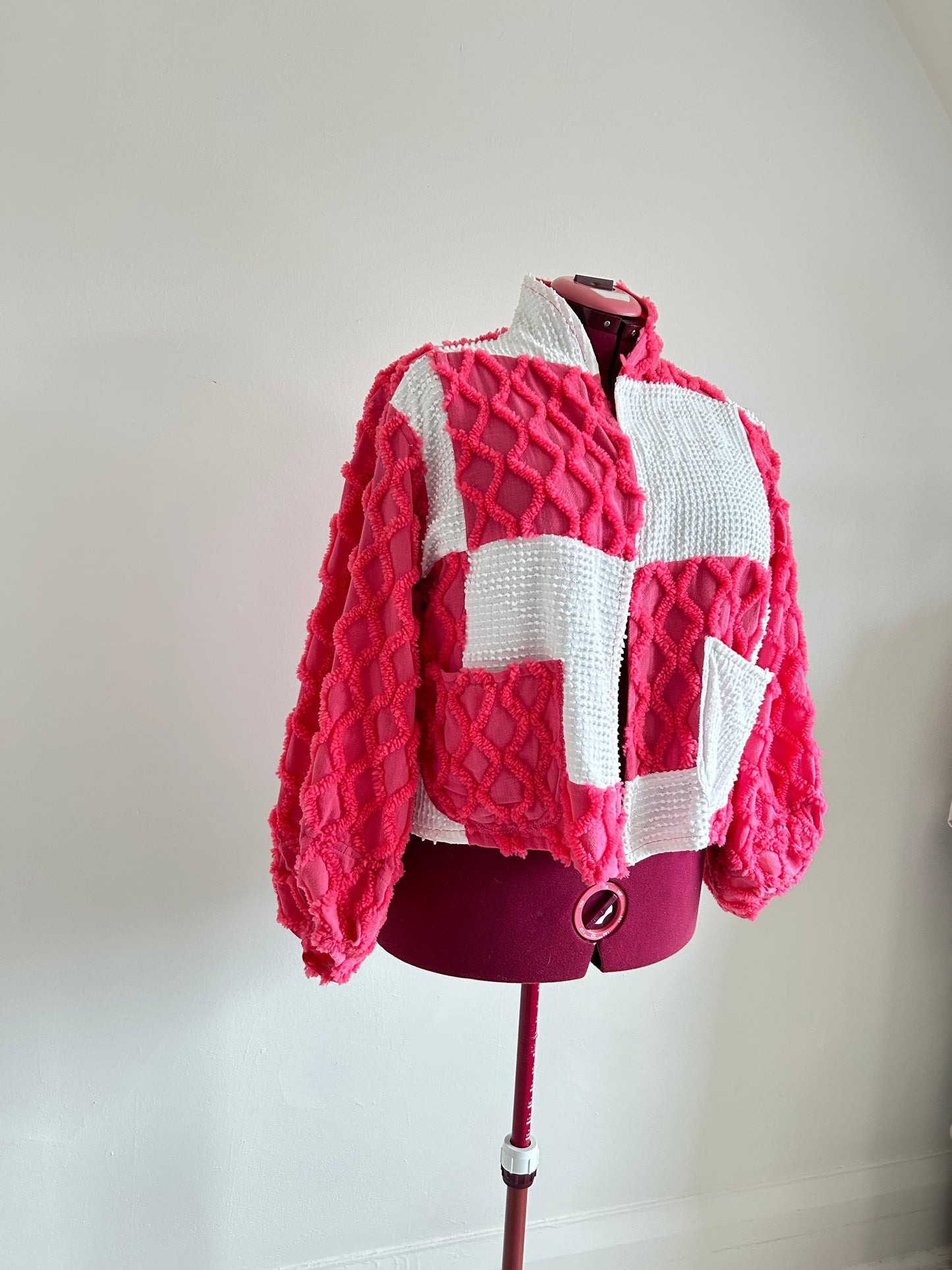 Vivianne Cropped Jacket with Chrckerbosrded Upcycled Vintage Chenille Size XL/2X #VIVCH1