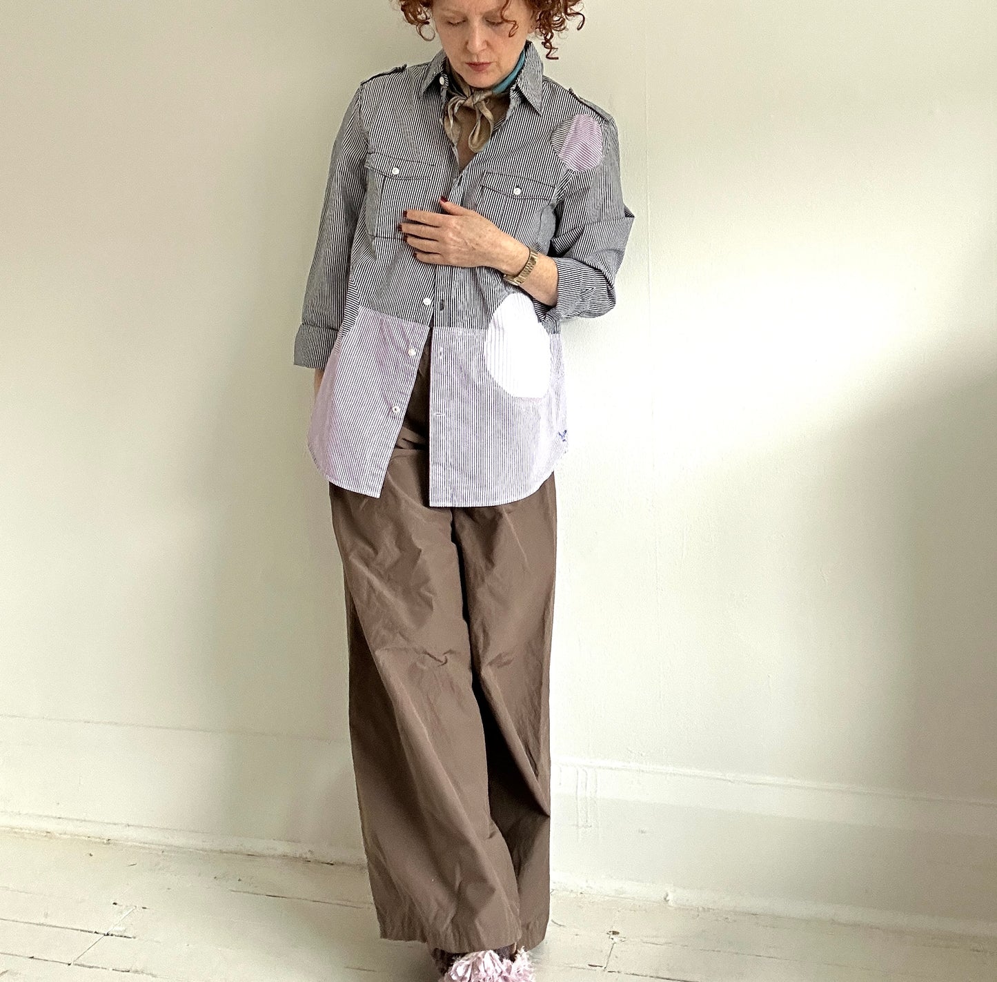 Upcycled Modern Workwear Pinstripe Shirt - Circle Series Size S/M #PIN9