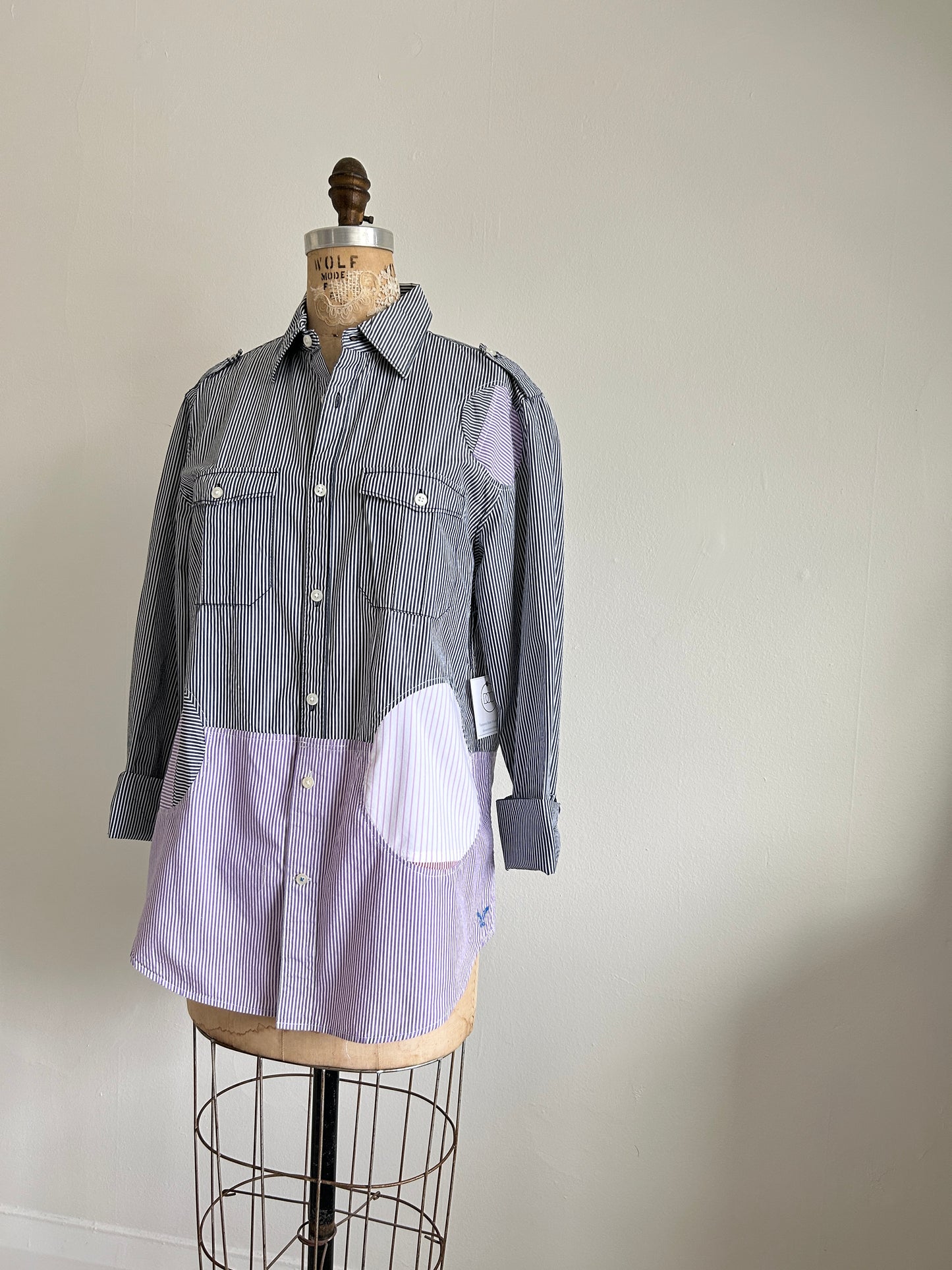 Upcycled Modern Workwear Pinstripe Shirt - Circle Series Size S/M #PIN9