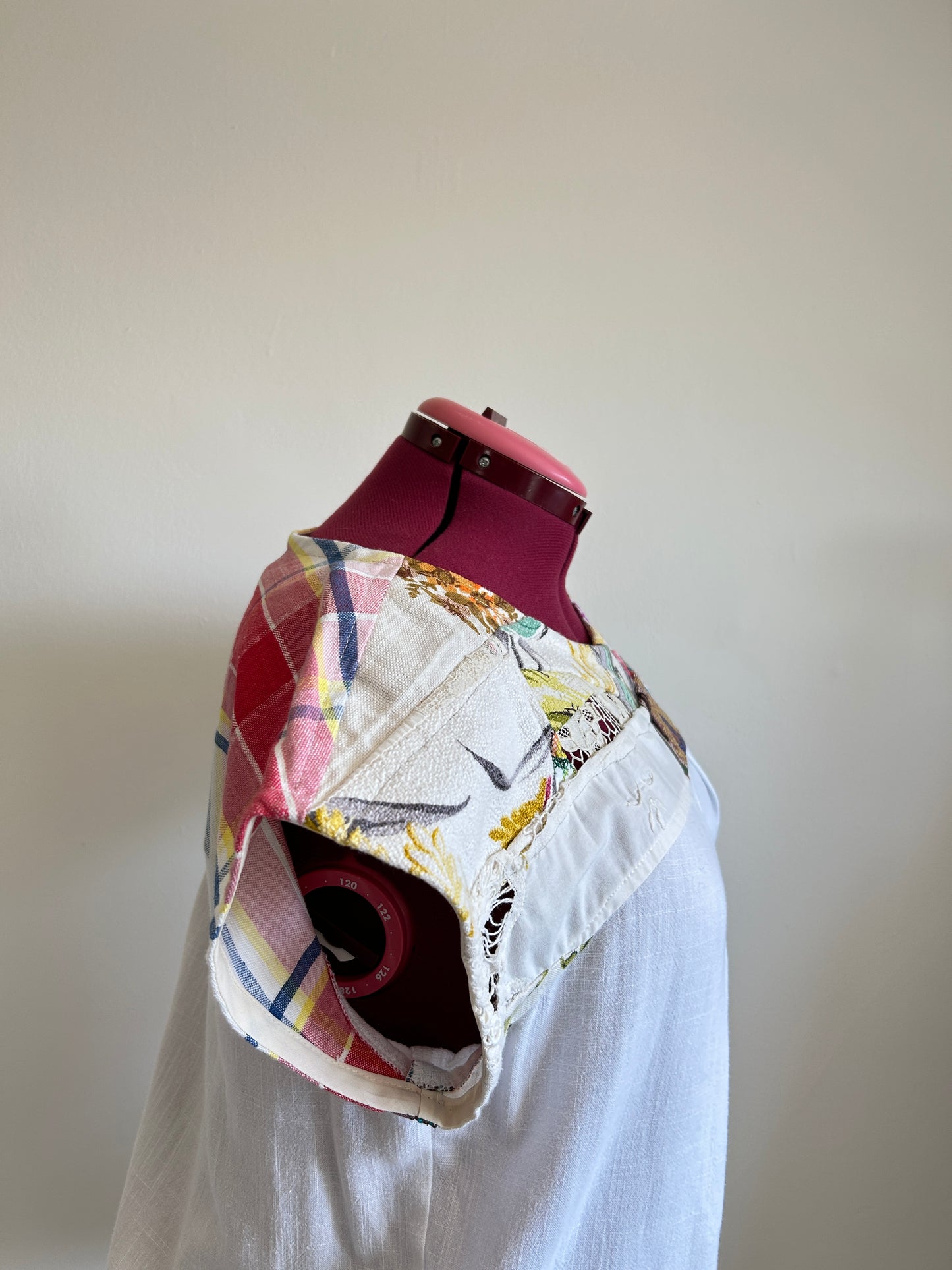 Peony Top - One of a Kind Upcycled Vintage Lace, Barkcloth, Embroidery Cotton & Linen Size XL #PEO11