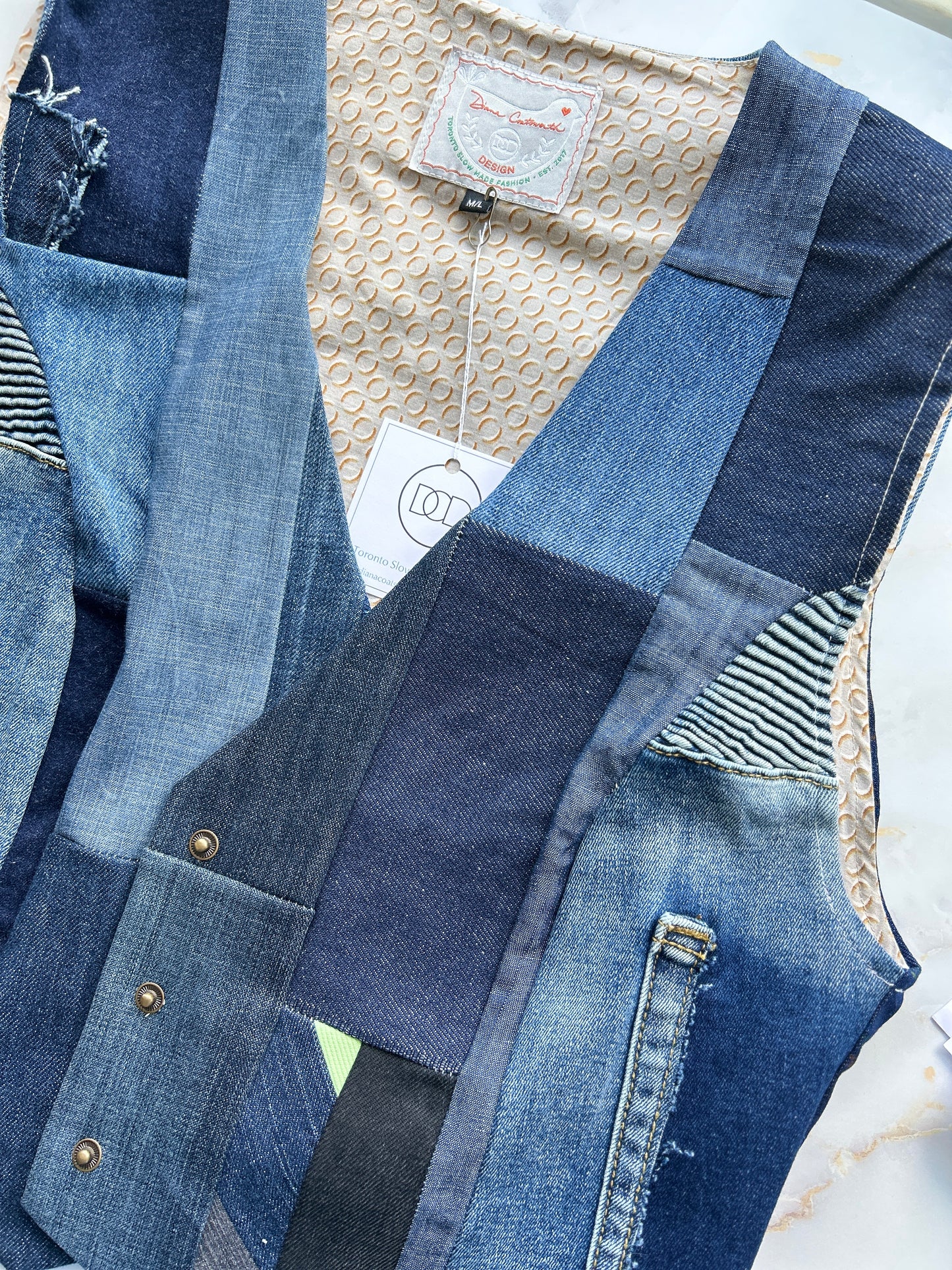 Leni Reclaimed Patchwork Denim Vest with Cotton Lining M/L #LENI6