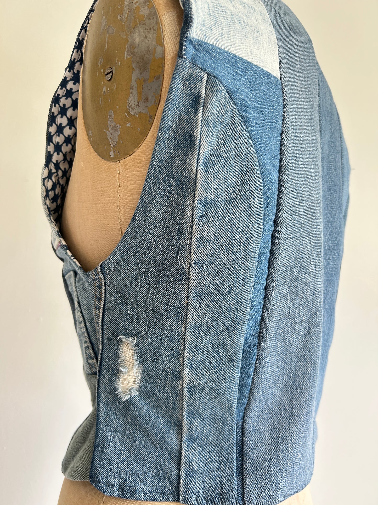 Leni Reclaimed Patchwork Denim Vest with Cotton Lining S/M #LENI3