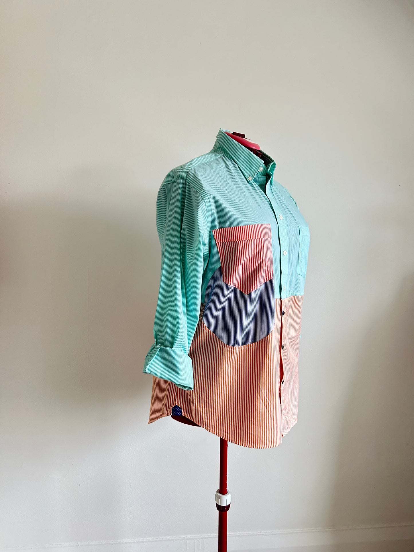 Upcycled Modern Workwear Pinstripe Shirt - Circle Series Size XL/2X #PIN4