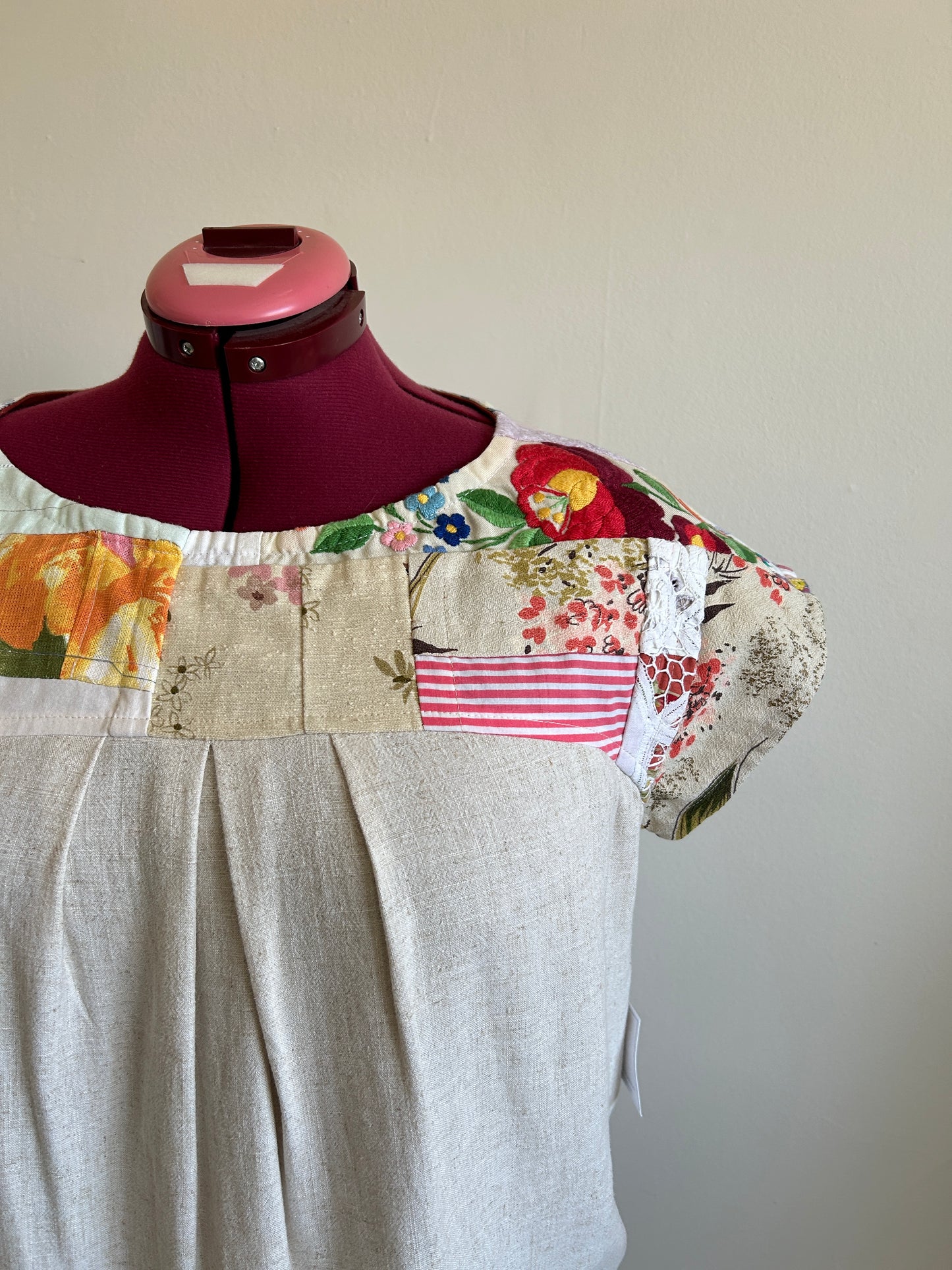 Peony Top - One of a Kind Upcycled & Vintage Textiles, Embroidery & Lace Cotton & Linen Size XL #PEO14