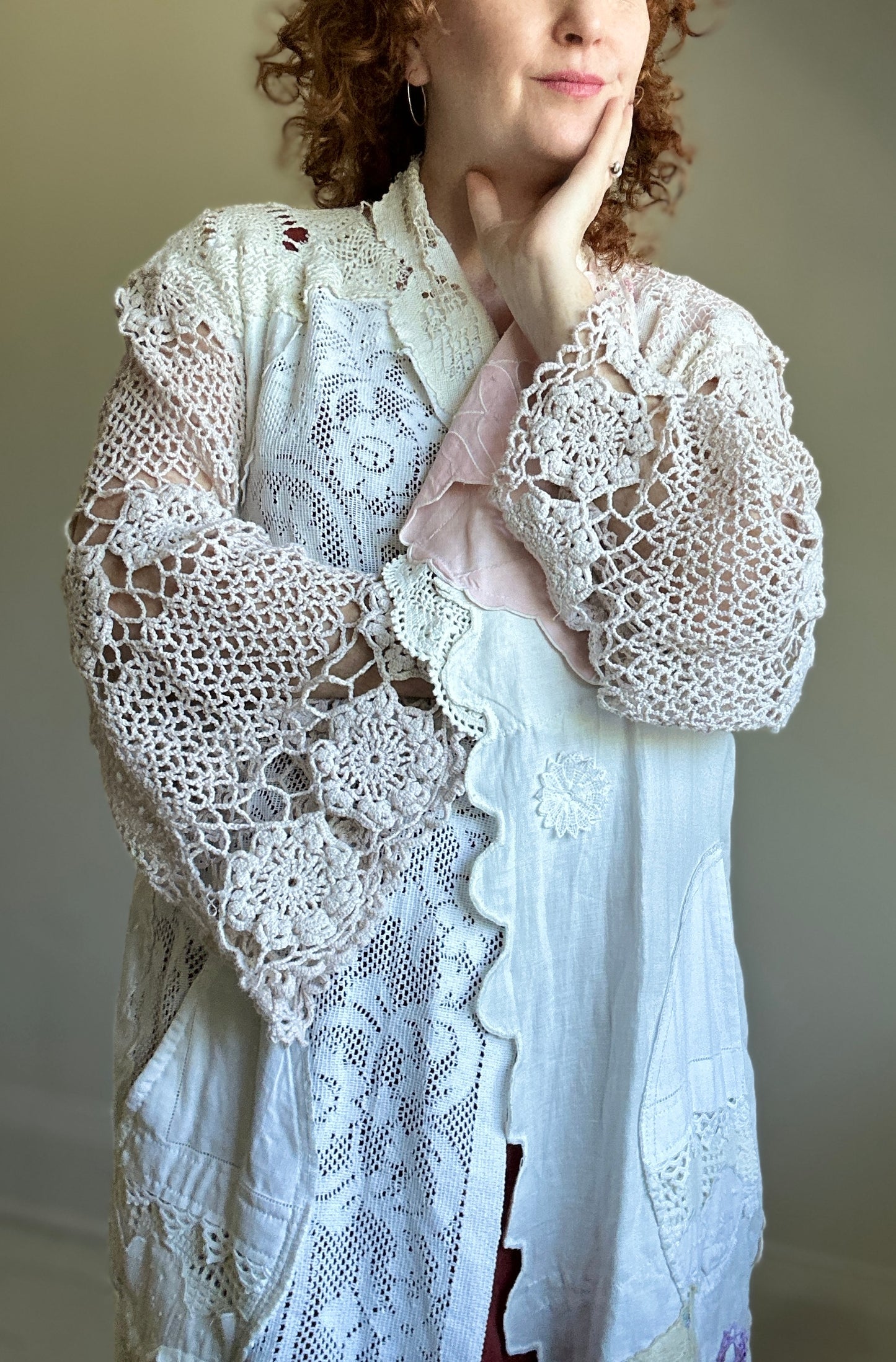 Vivianne Duster with Upcycled Cotton Crochet & Lace Patchwork Size M/L #VIVCR8