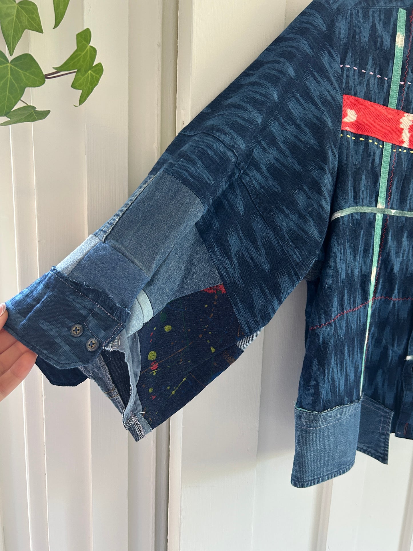 Ellis Reclaimed Patchwork Denim Ikat Shirt with Handstitching & Hand Dyed Twill Ribbon L/XL #ELL7