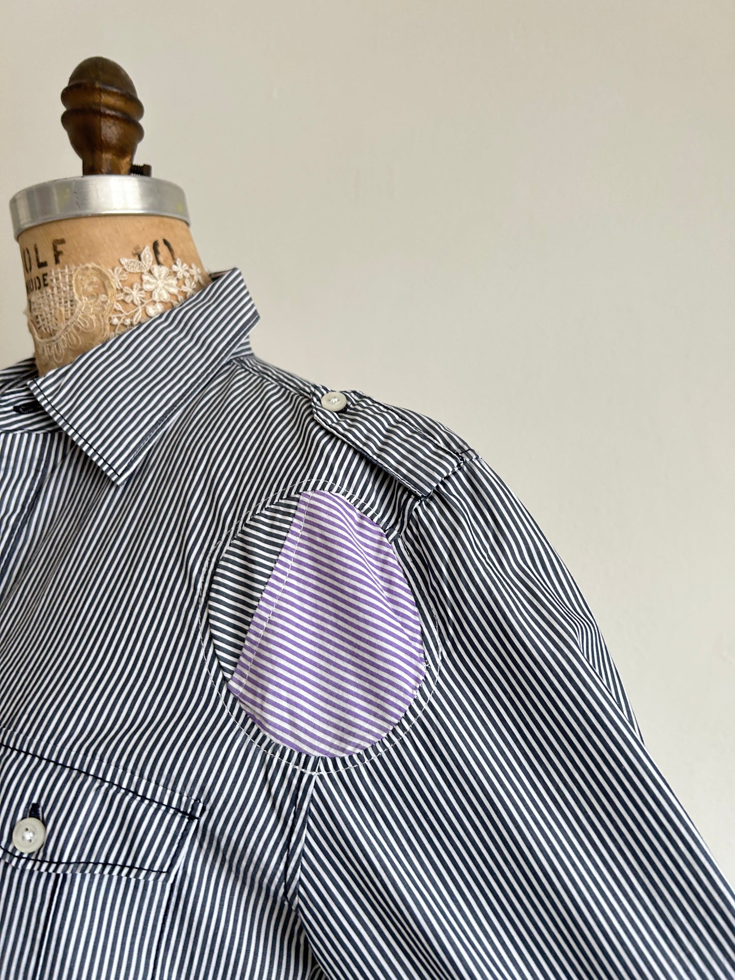 Upcycled Modern Workwear Pinstripe Shirt - Circle Series Size S/M #PIN9