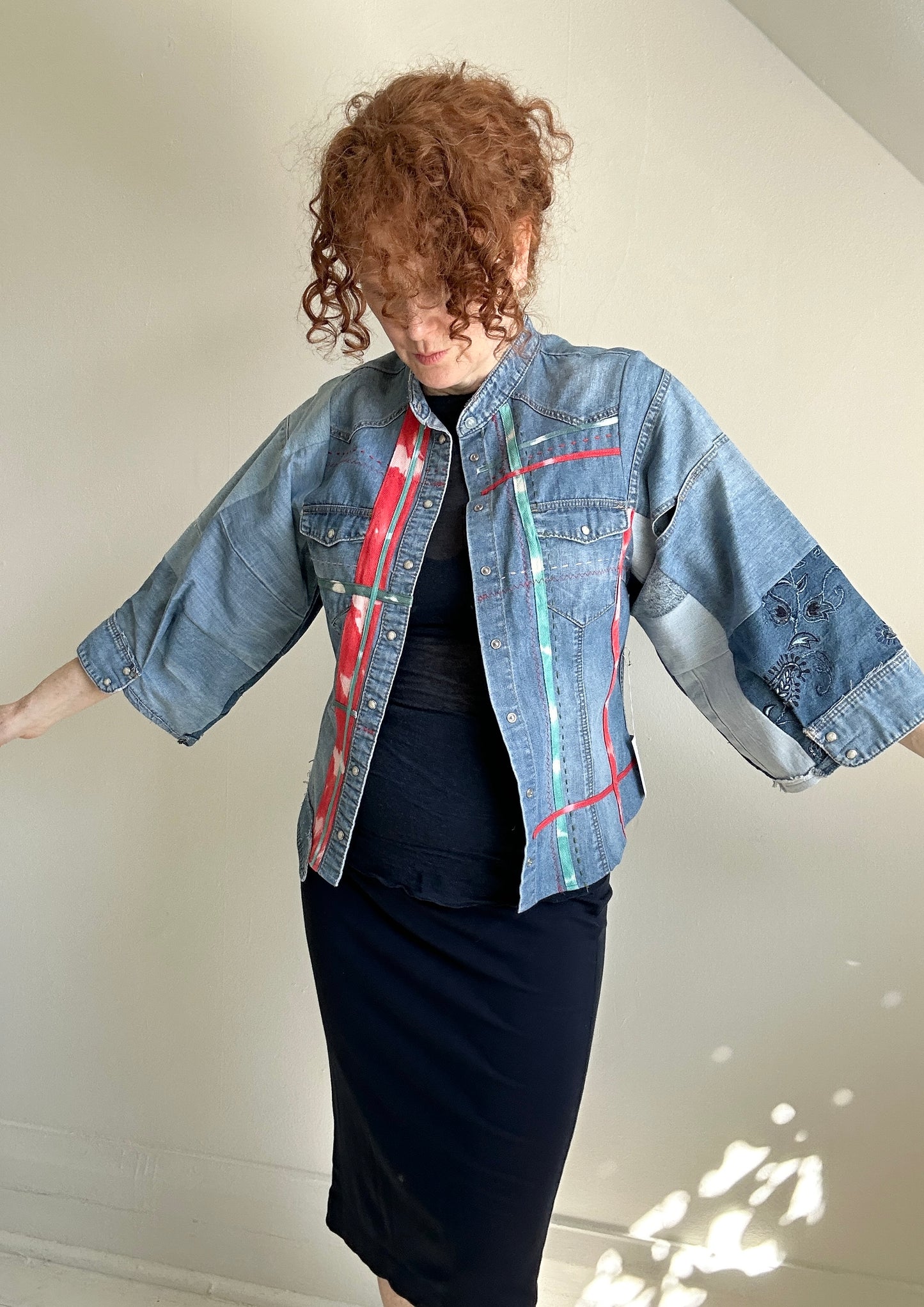 Ellis Reclaimed Patchwork Denim Shirt with Handstitching & Hand Dyed Twill Ribbon S/M #ELL15