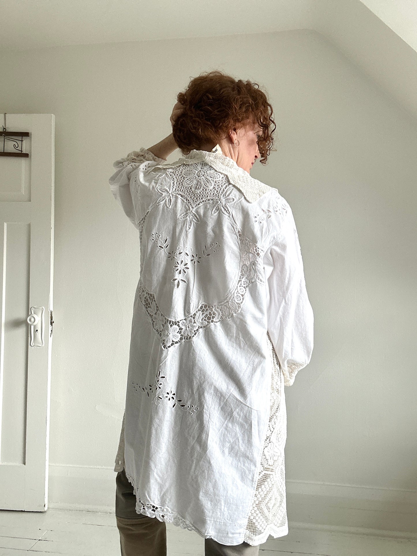 Vivianne Jacket with Upcycled Vintage Cut Lace Cotton & Crochet Boho Draperies & Crochet Size M/L #CVCJML100