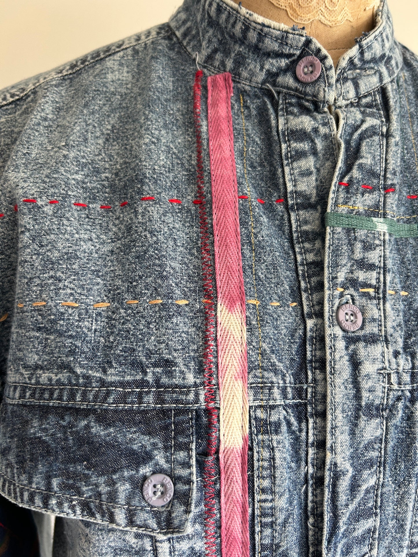 Ellis Reclaimed Patchwork Denim Shirt with Handstitching & Hand Dyed Twill Ribbon XS/S #ELL2