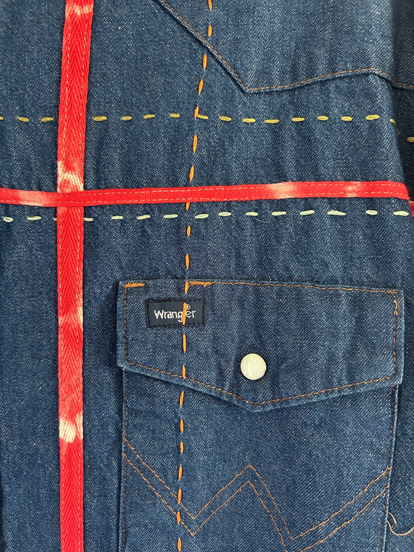 Ellis Reclaimed Patchwork Wrangler Denim Shirt with Handstitching & Hand Dyed Twill Ribbon 2X/3X #ELL8
