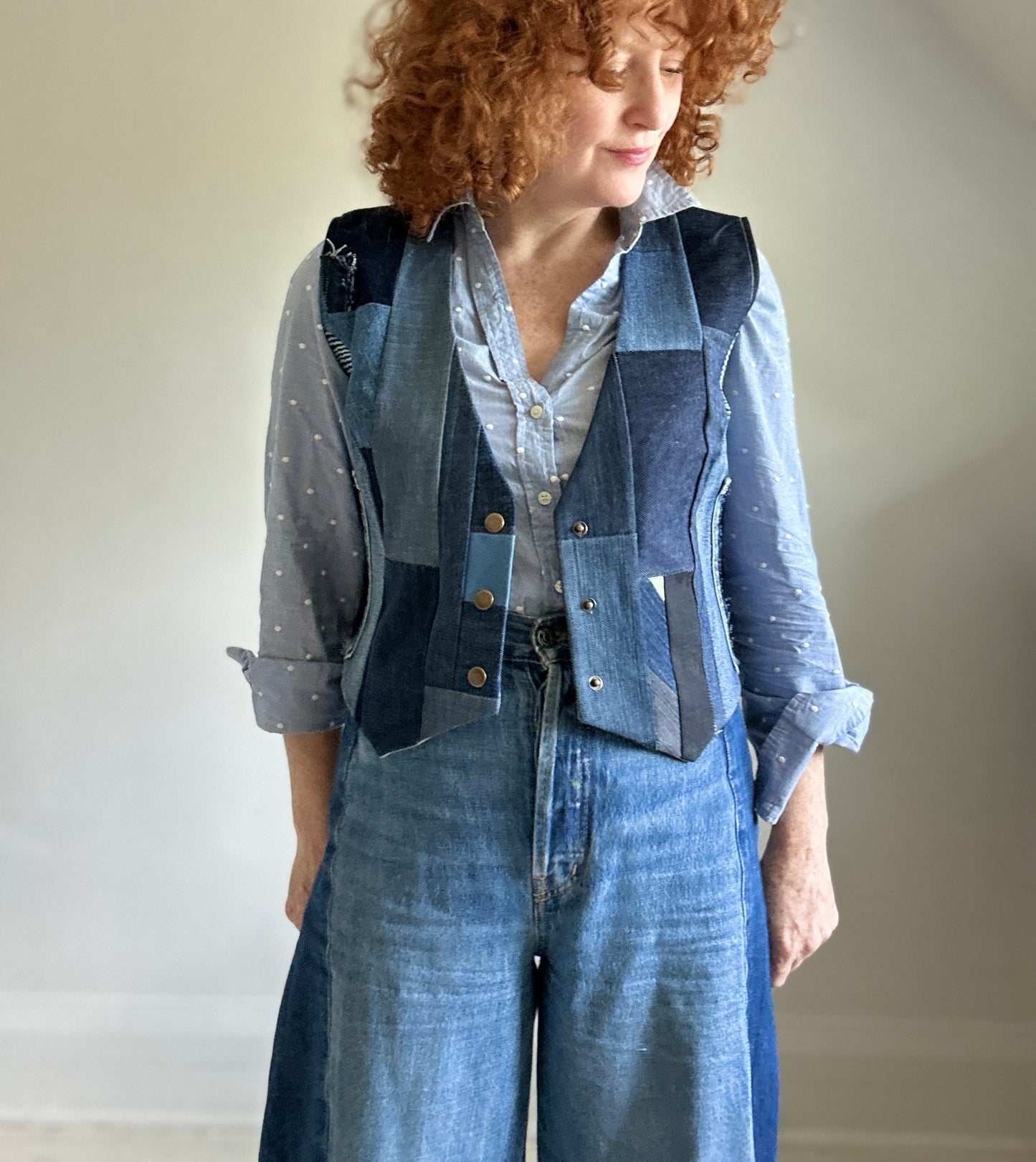 Leni Reclaimed Patchwork Denim Vest with Cotton Lining M/L #LENI6