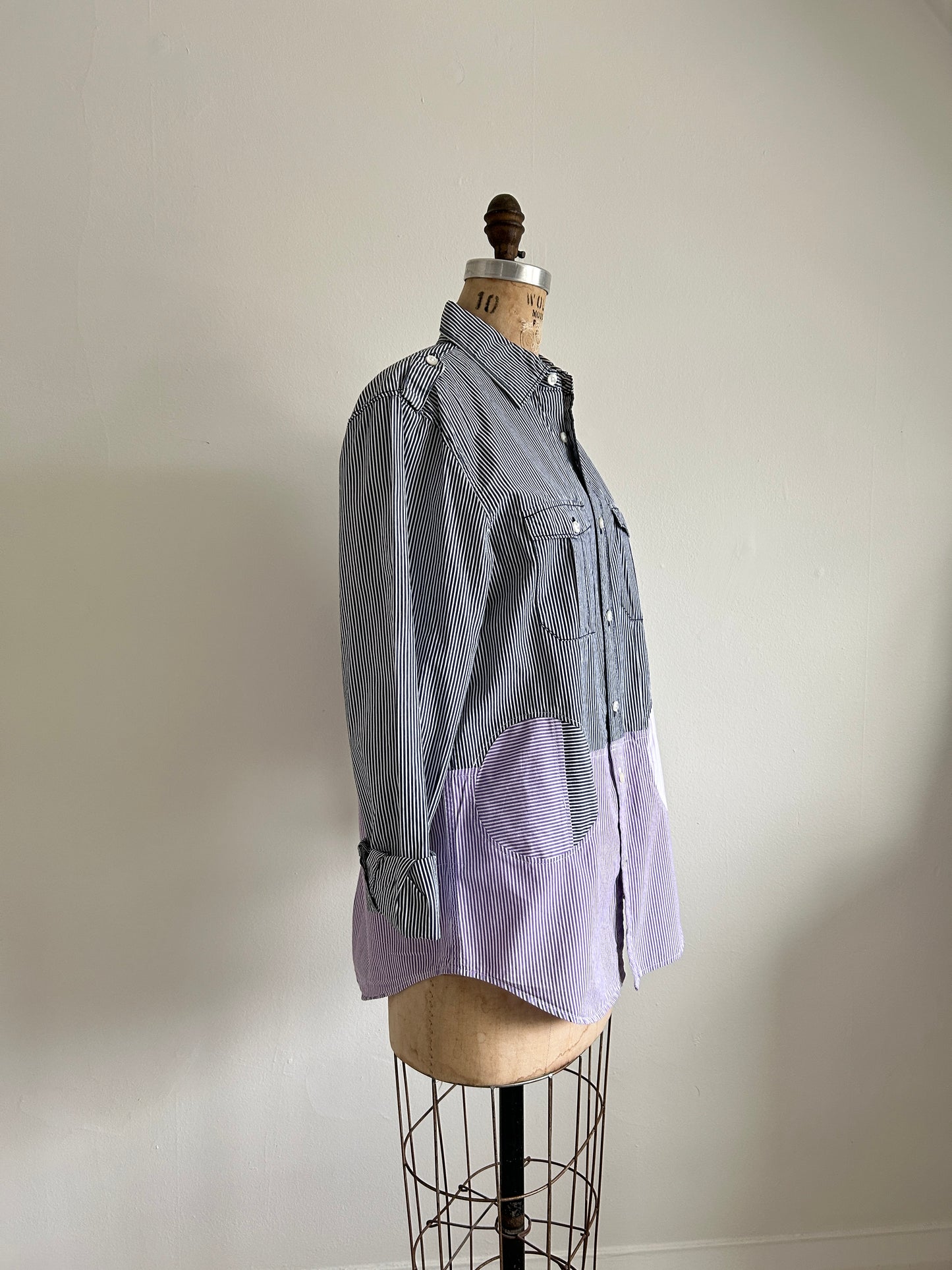 Upcycled Modern Workwear Pinstripe Shirt - Circle Series Size S/M #PIN9