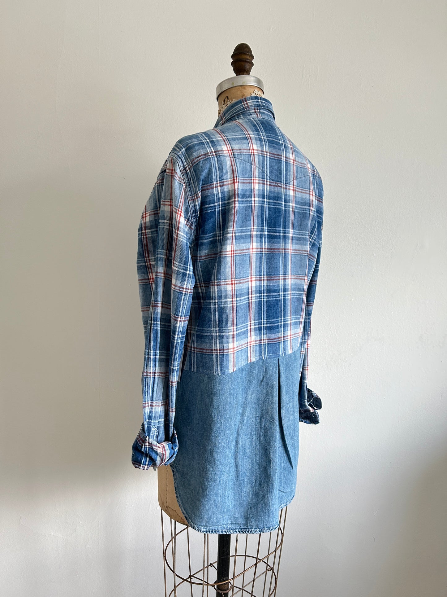 Upcycled Modern Workwear Cotton & Denim Shirt - Circle Series Size M/L #DEN12