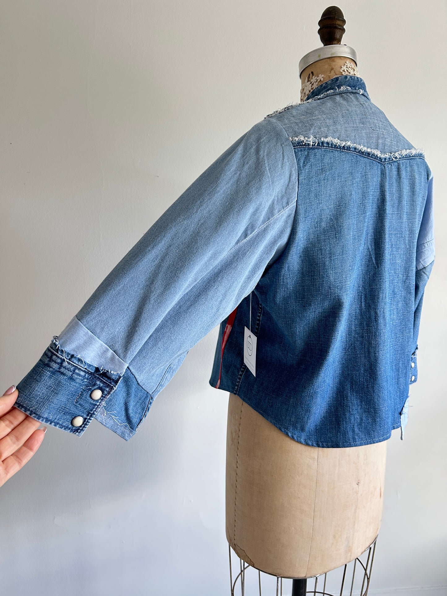 Ellis Reclaimed Patchwork Denim Shirt with Handstitching & Hand Dyed Twill Ribbon S/M #ELL3
