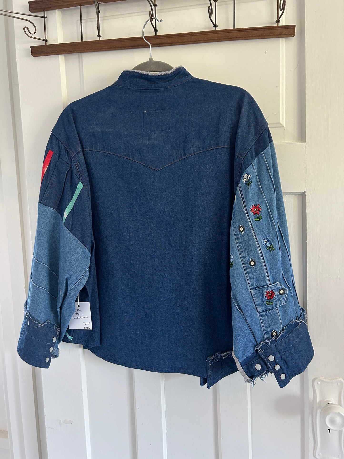Ellis Reclaimed Patchwork Wrangler Denim Shirt with Handstitching & Hand Dyed Twill Ribbon 2X/3X #ELL8