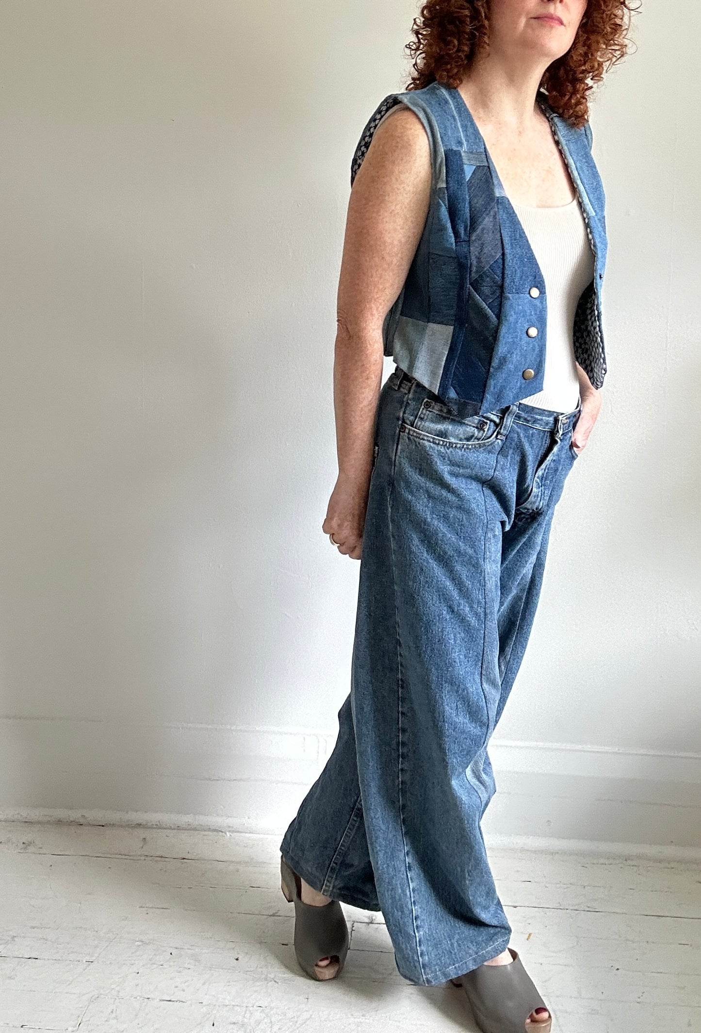 Leni Reclaimed Patchwork Denim Vest with Cotton Lining S/M #LENI3