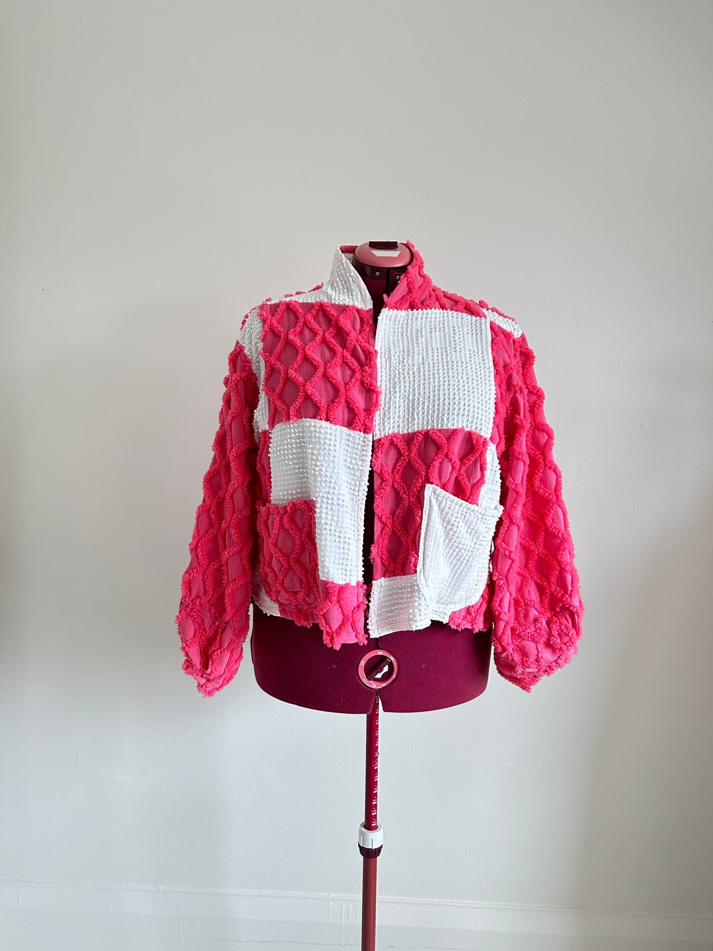Vivianne Cropped Jacket with Chrckerbosrded Upcycled Vintage Chenille Size XL/2X #VIVCH1
