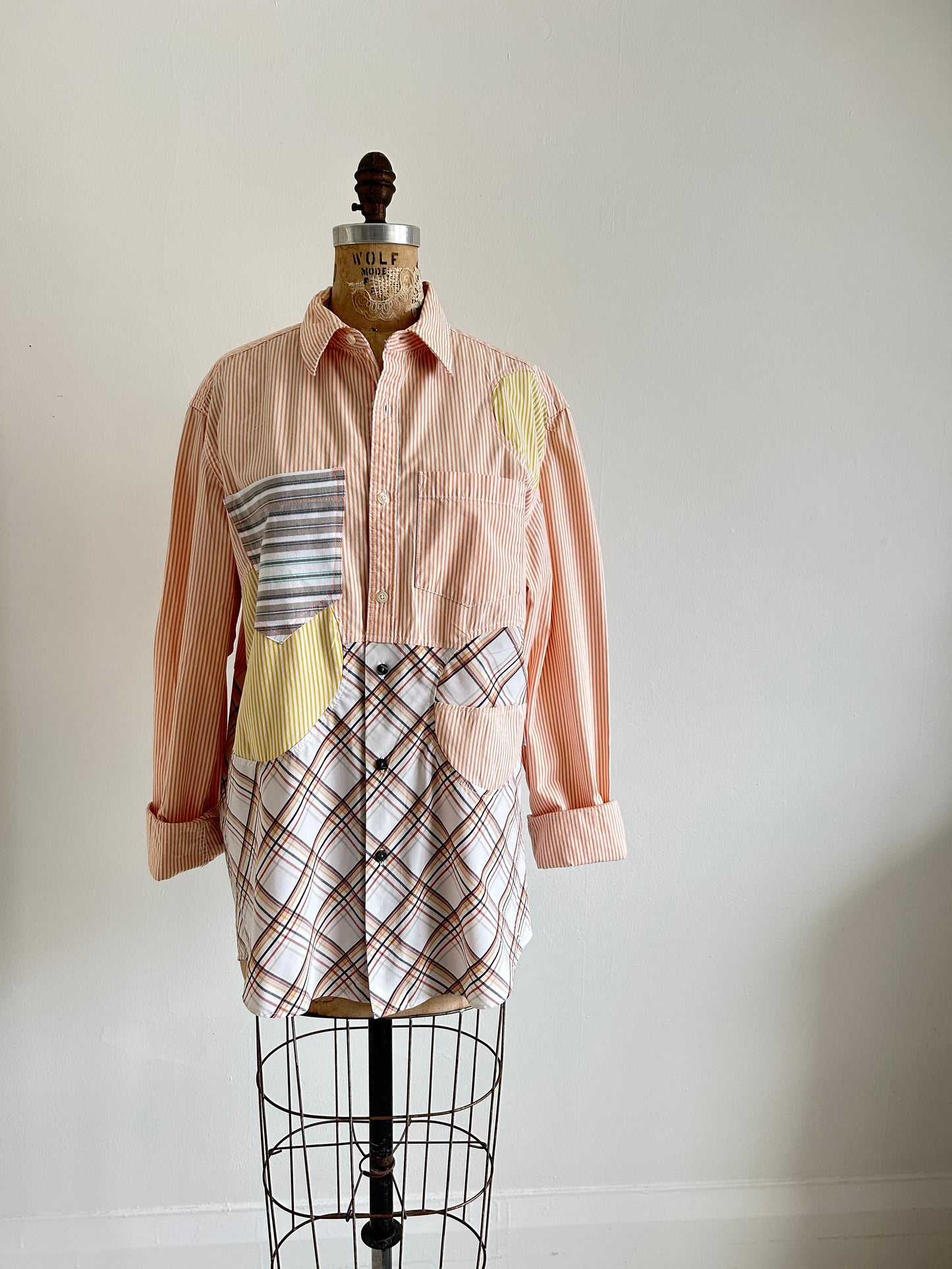 Upcycled Modern Workwear Pinstripe Shirt - Circle Series Size L/XL #PIN21