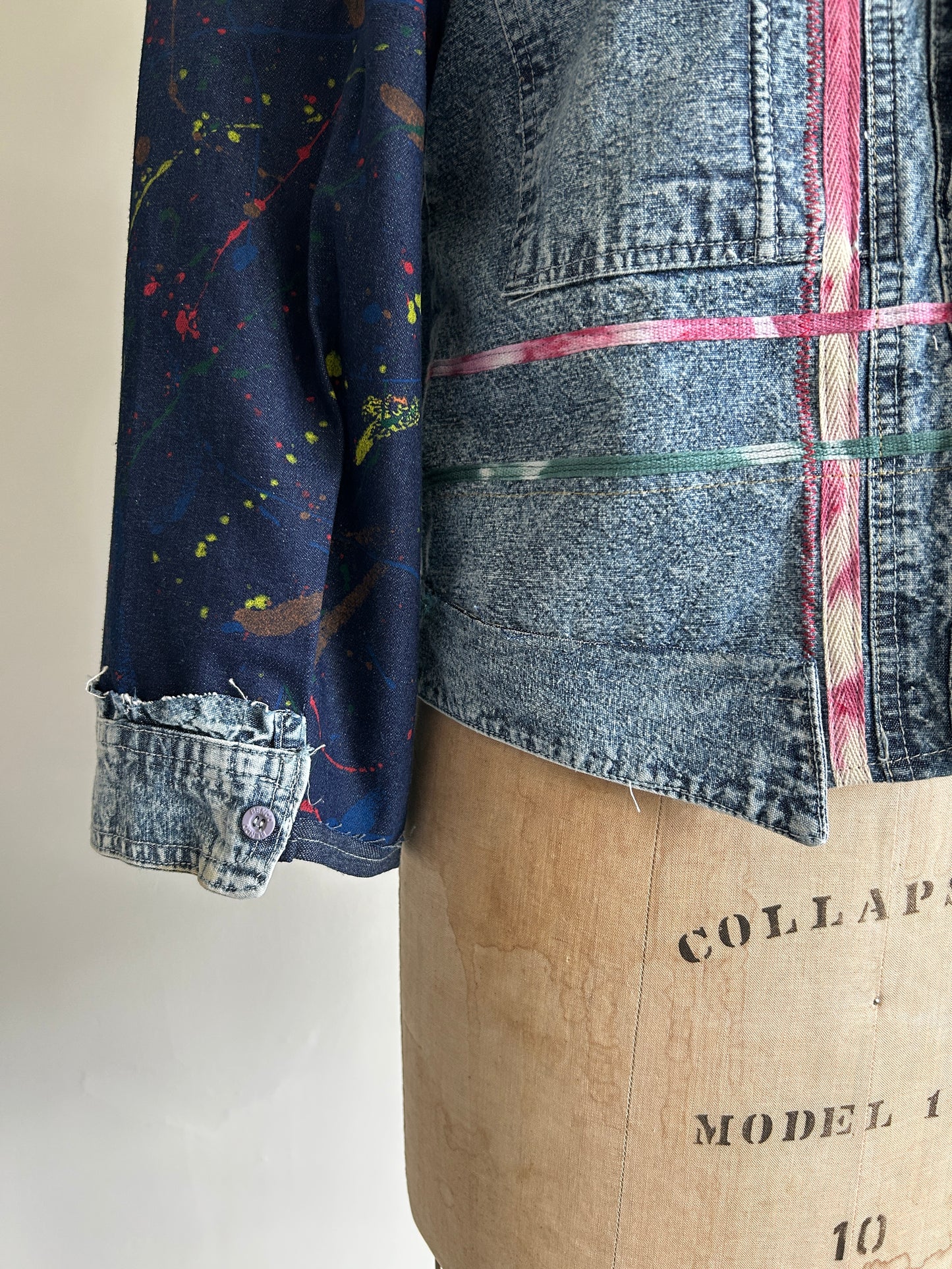 Ellis Reclaimed Patchwork Denim Shirt with Handstitching & Hand Dyed Twill Ribbon XS/S #ELL2