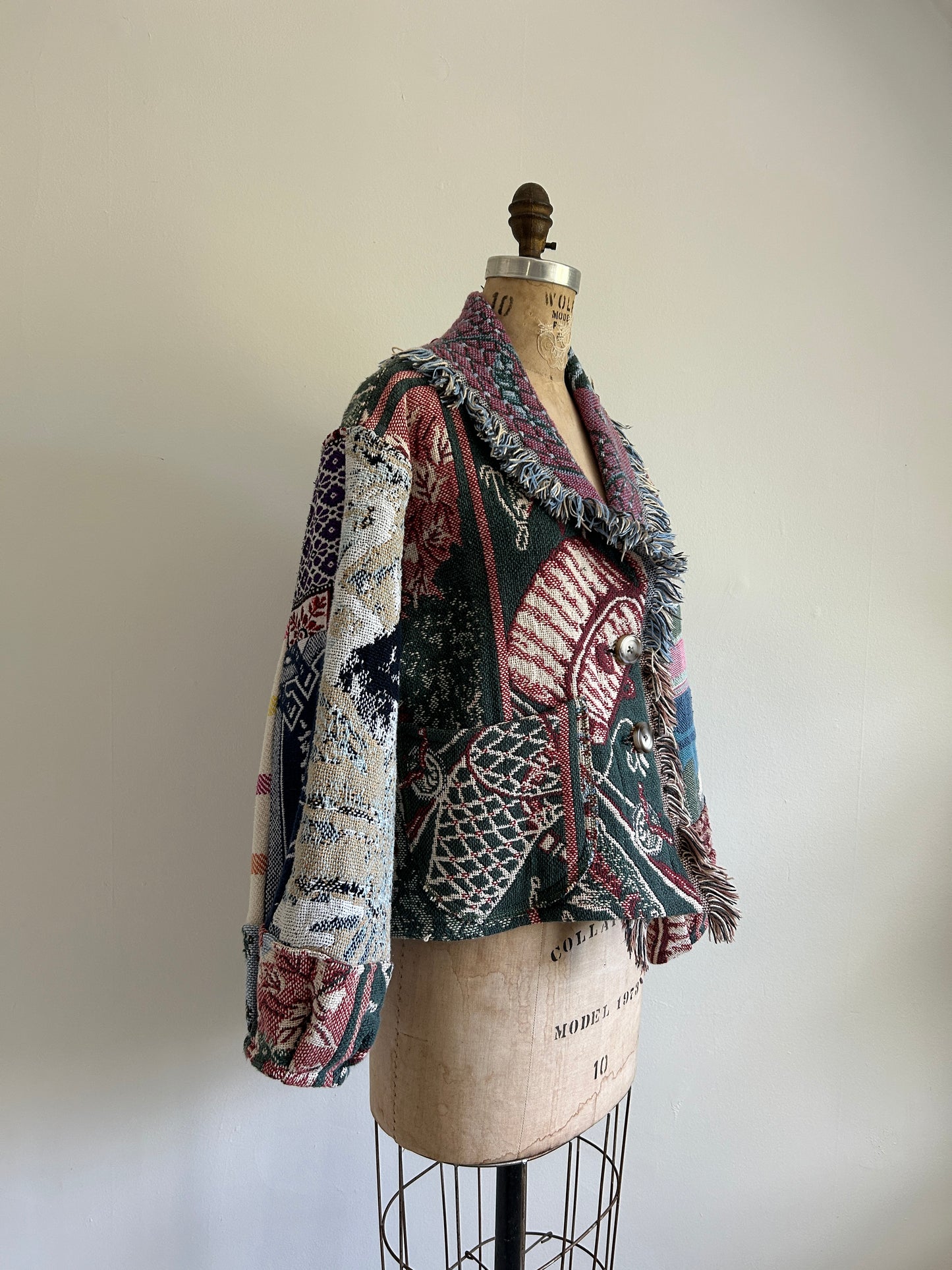 Vivianne Cropped Jacket with Upcycled Fishing Themed Throw Blanket Size M/L #VIVT10