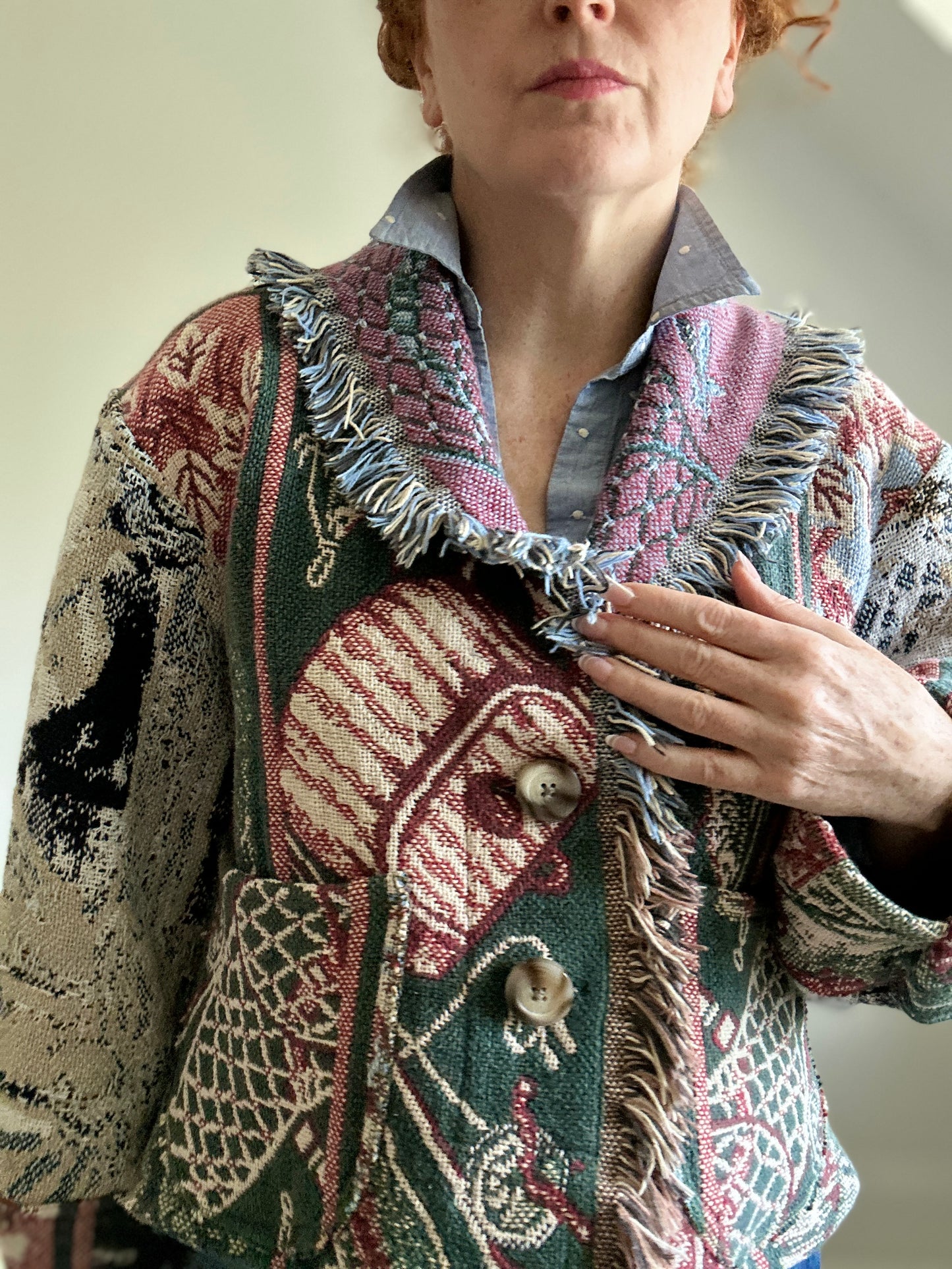 Vivianne Cropped Jacket with Upcycled Fishing Themed Throw Blanket Size M/L #VIVT10