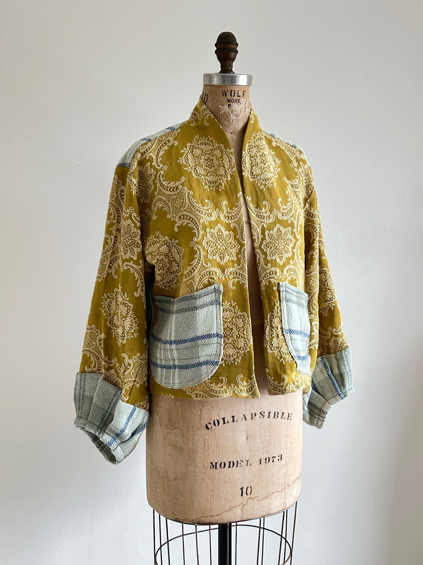 Vivianne Cropped Jacket with Upcycled Throw Blanket & Vintage Drapery Size S/M #VIVT1