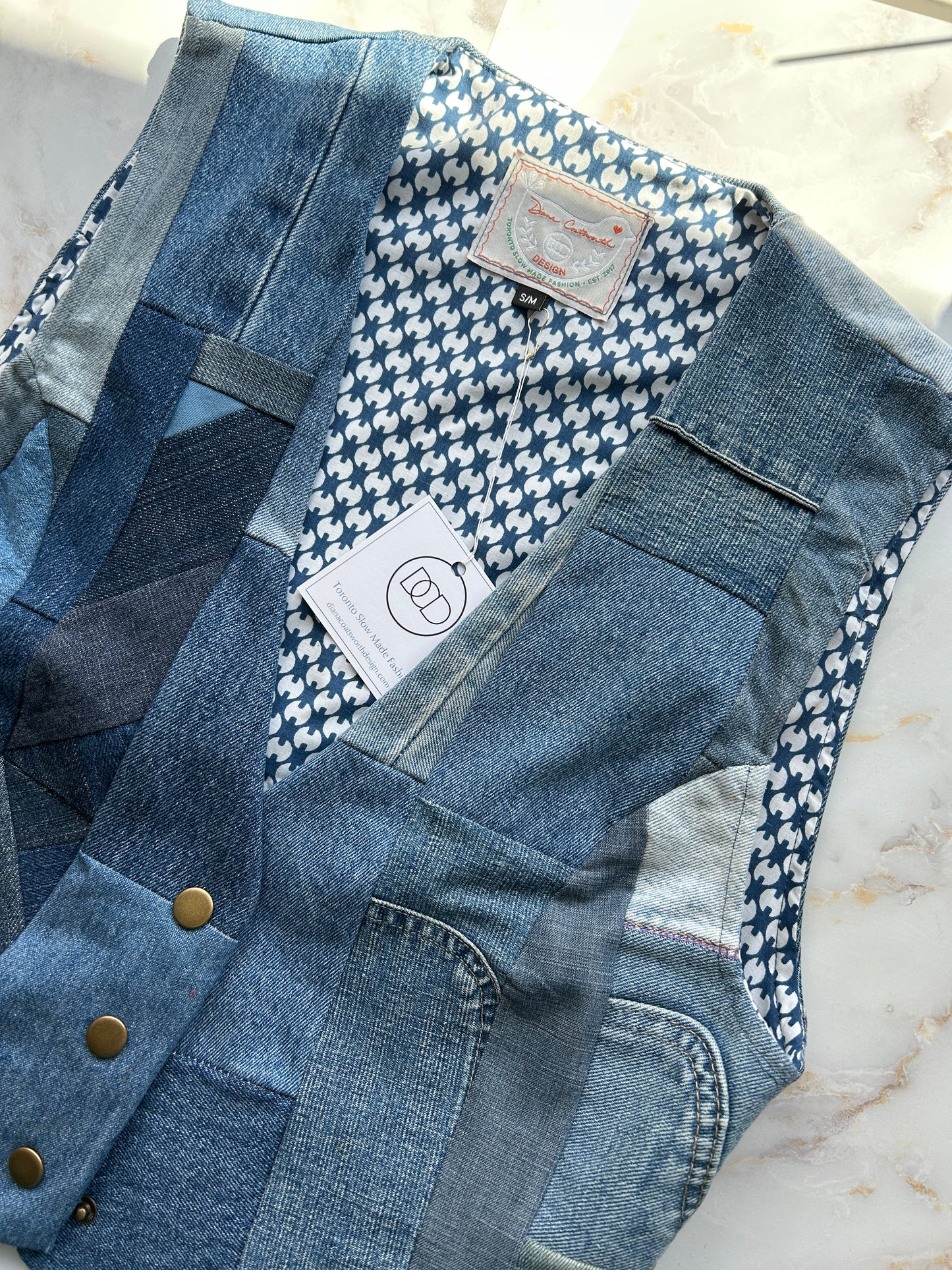 Leni Reclaimed Patchwork Denim Vest with Cotton Lining S/M #LENI3