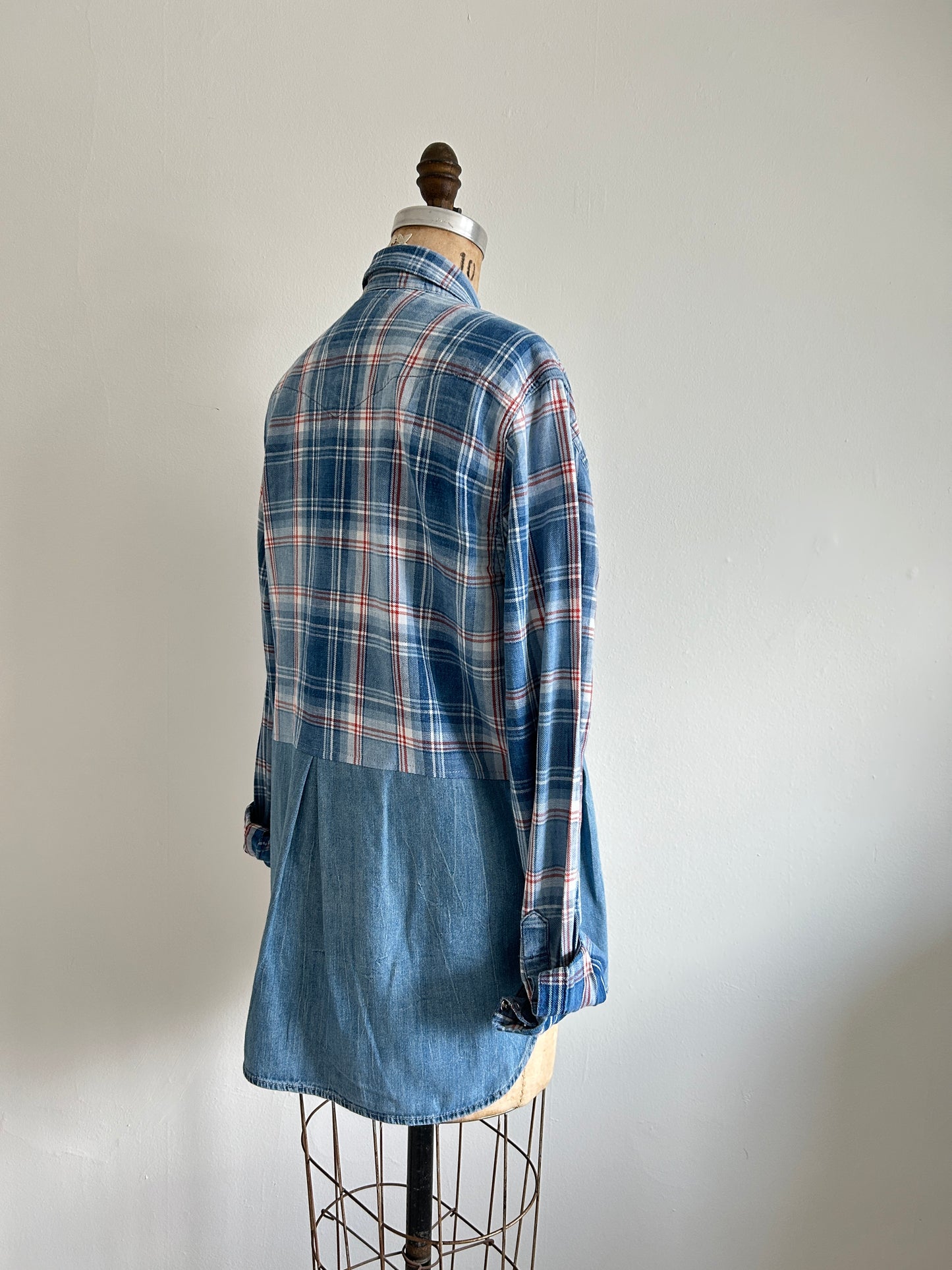 Upcycled Modern Workwear Cotton & Denim Shirt - Circle Series Size M/L #DEN12