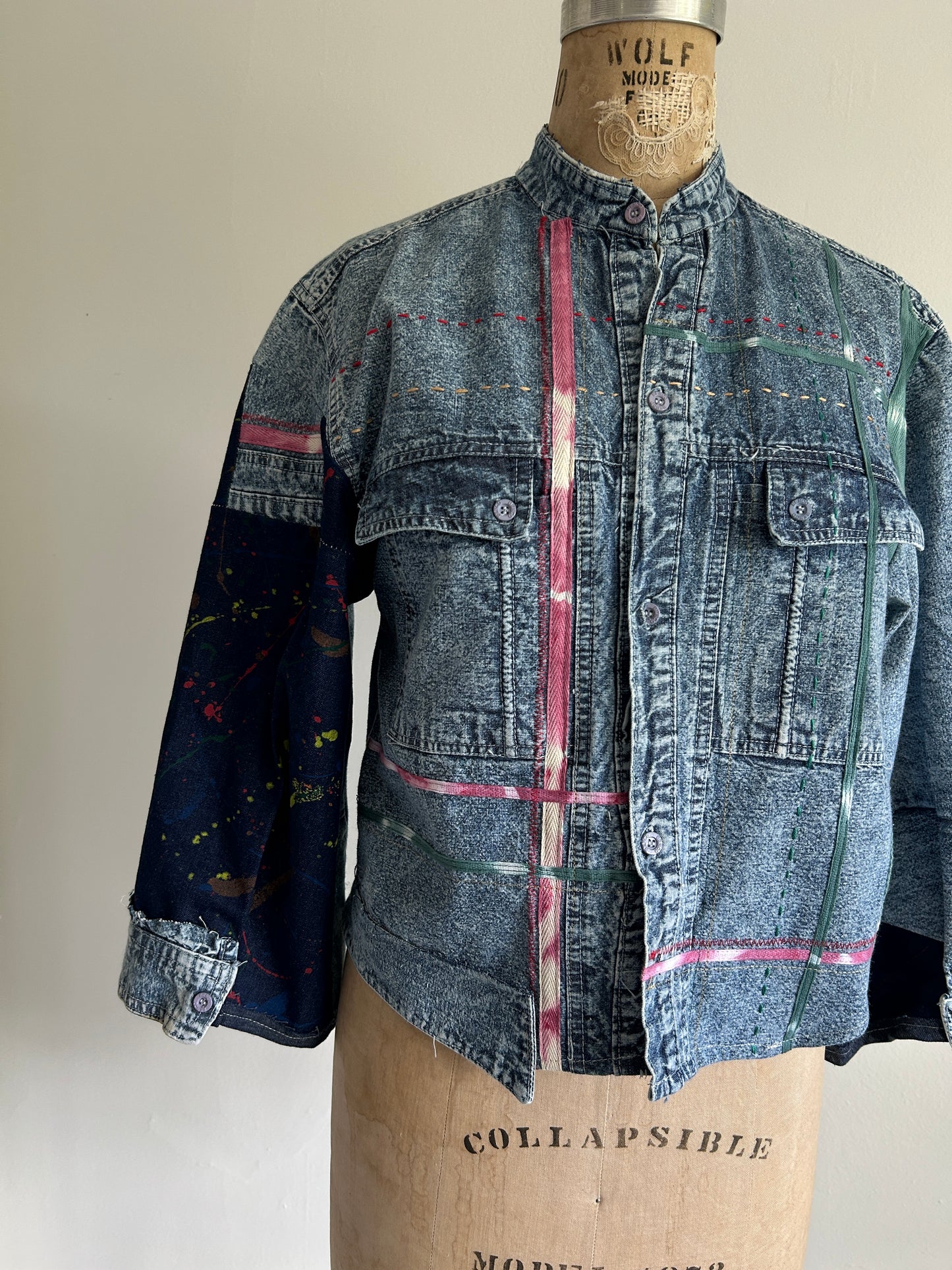 Ellis Reclaimed Patchwork Denim Shirt with Handstitching & Hand Dyed Twill Ribbon XS/S #ELL2