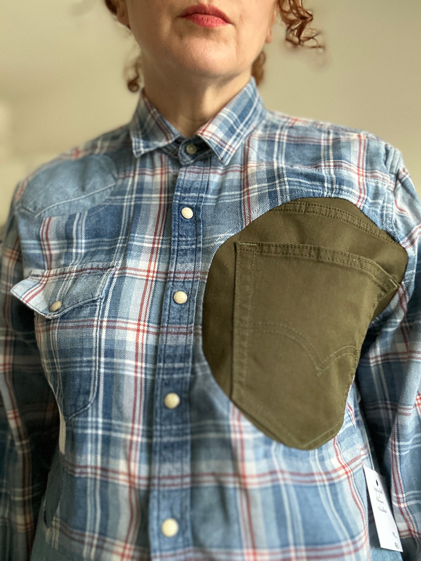 Upcycled Modern Workwear Cotton & Denim Shirt - Circle Series Size M/L #DEN12