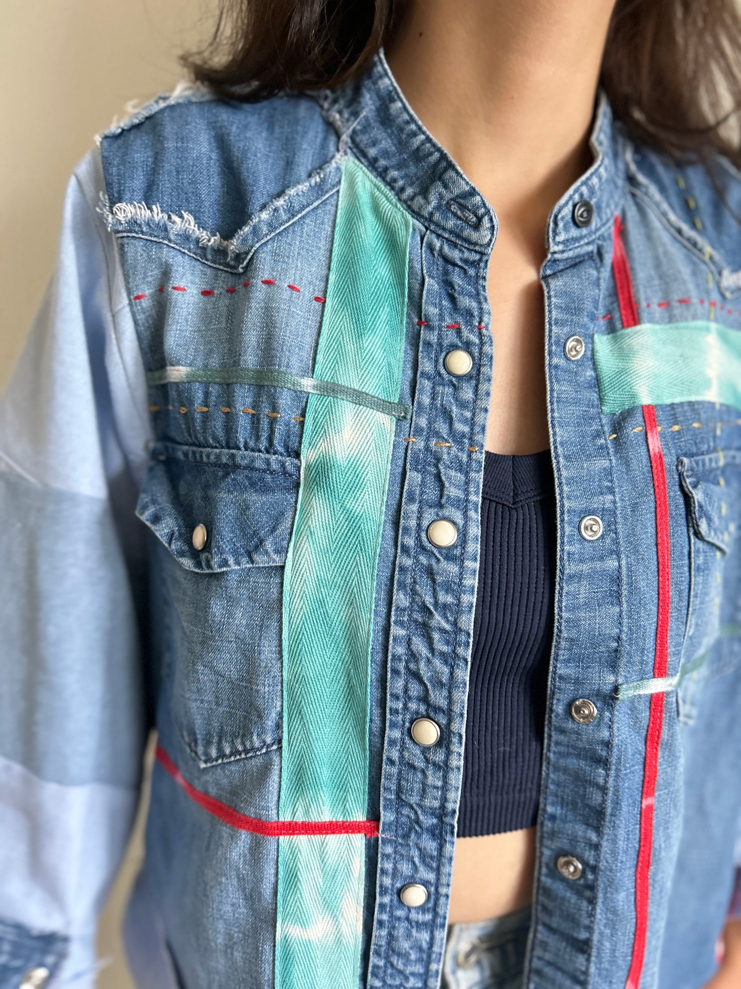 Ellis Reclaimed Patchwork Denim Shirt with Handstitching & Hand Dyed Twill Ribbon S/M #ELL3