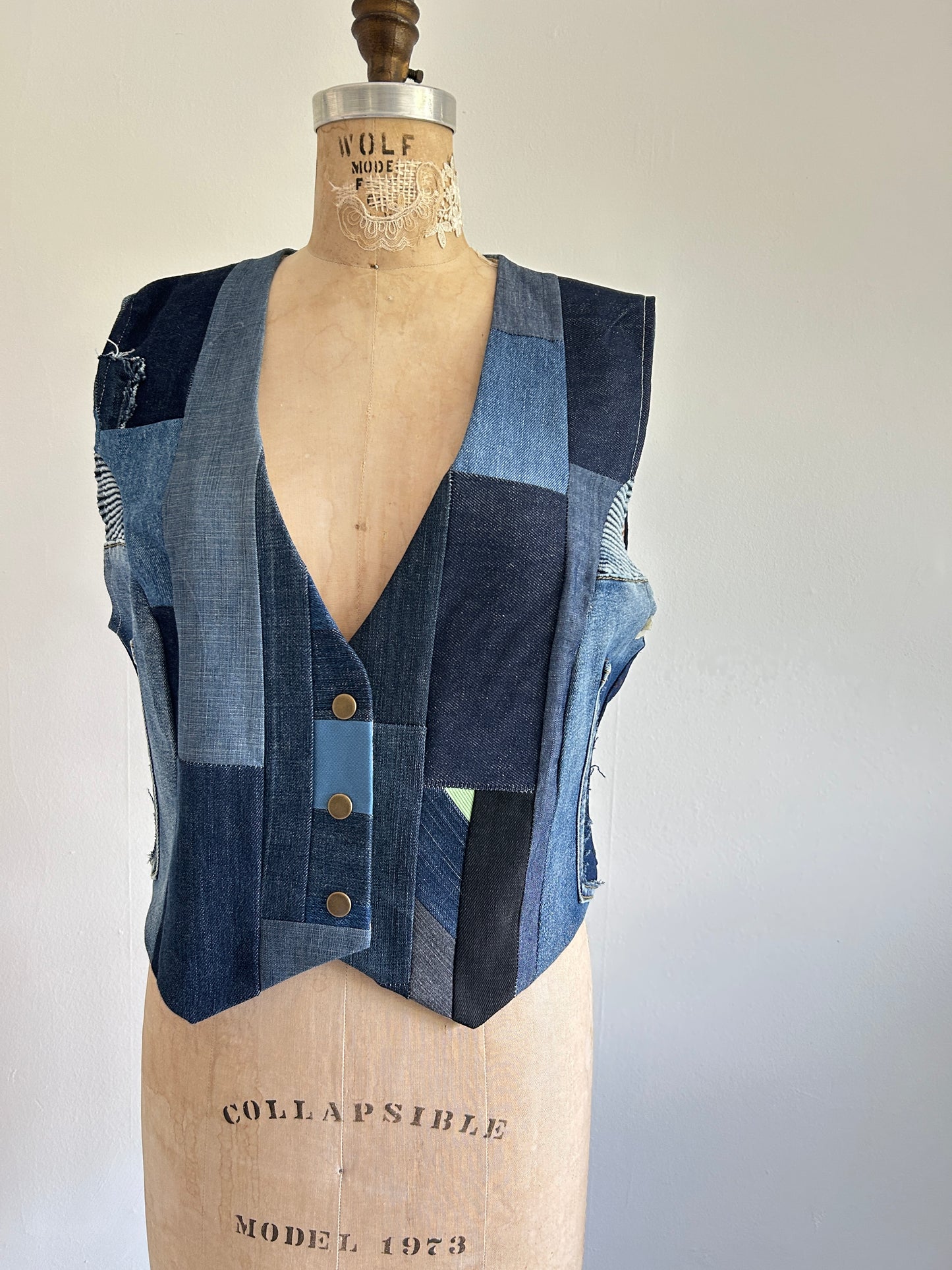 Leni Reclaimed Patchwork Denim Vest with Cotton Lining M/L #LENI6