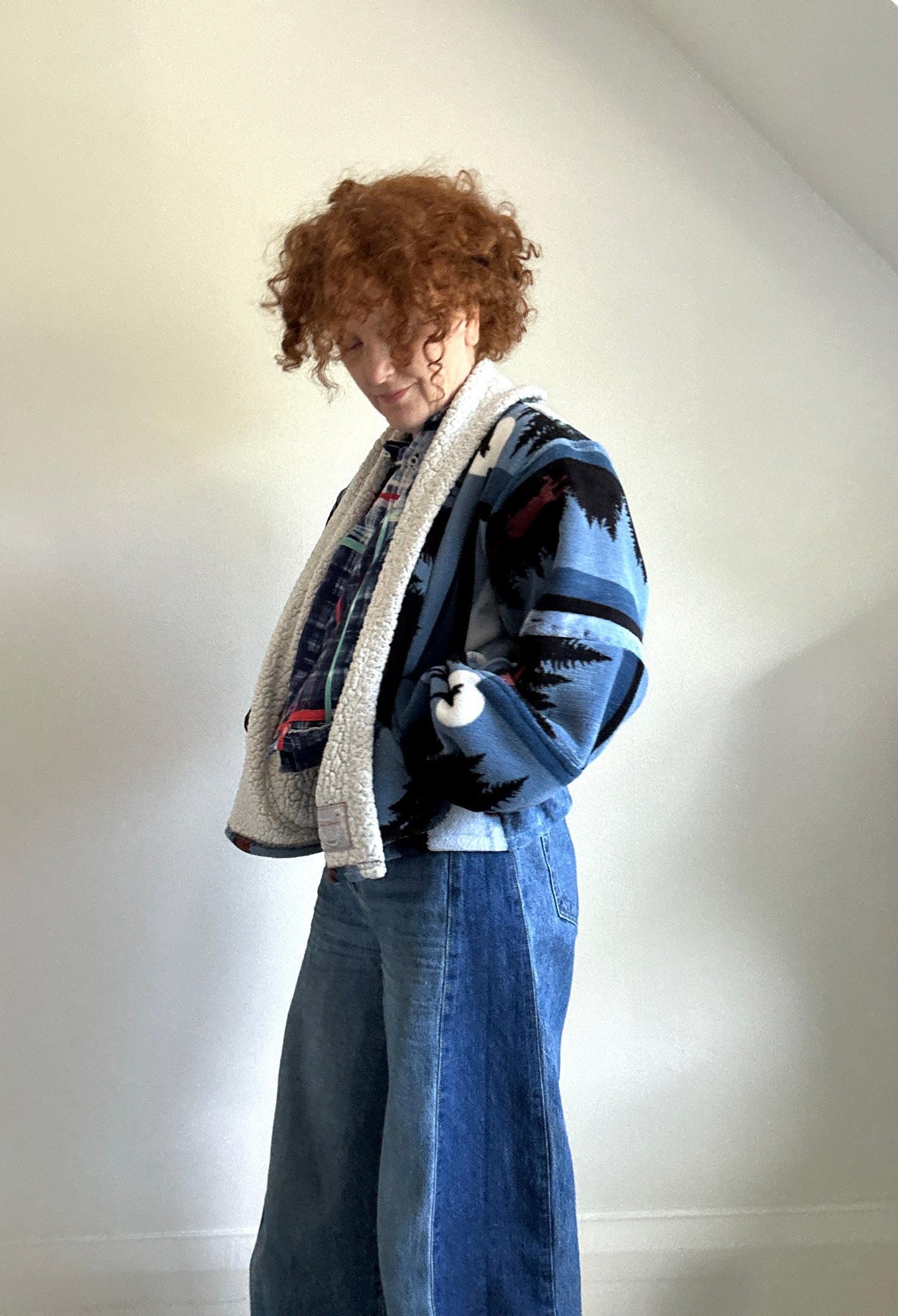 Vivianne Cropped Jacket with Upcycled Fleece Throw Blanket Wolf Size M/L #VIVFLE2