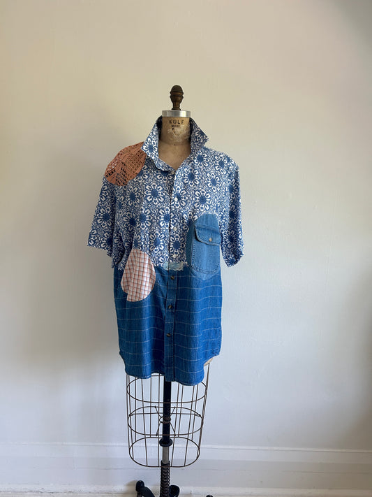 Upcycled Modern Workwear Cotton, Denim & Crochet Shirt - Circle Series Size L/XL #PIN20