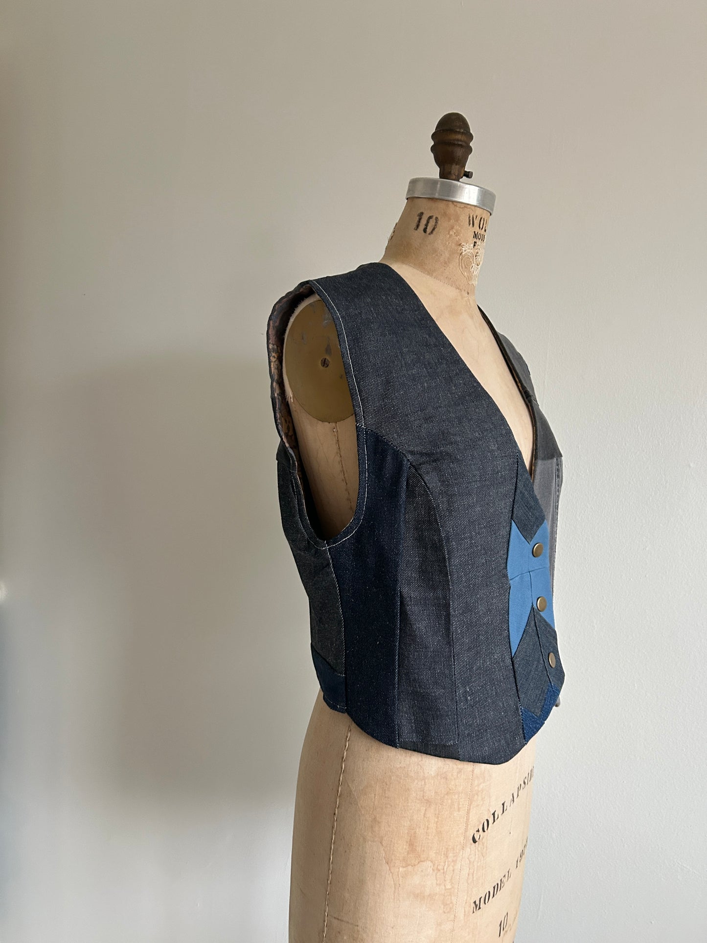 Leni Reclaimed Patchwork Denim Vest with Cotton Lining M/L #DVML13