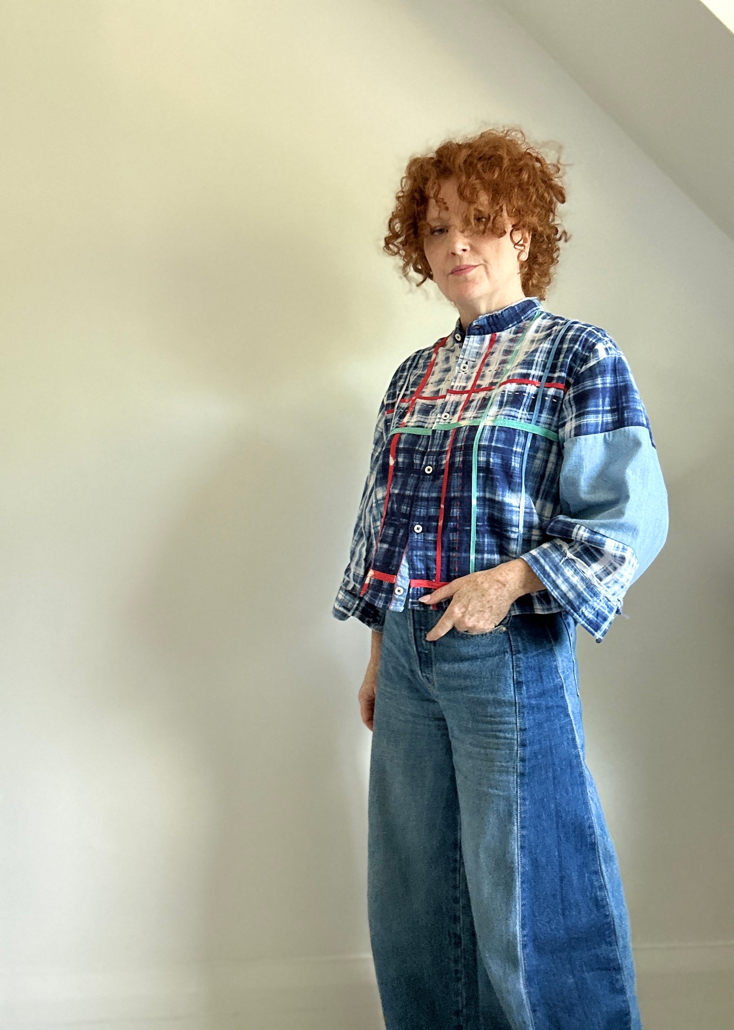 Ellis Reclaimed Patchwork Lightweight Cotton & Denim Shirt with Handstitching & Hand Dyed Twill Ribbon XL/2X #ELL5