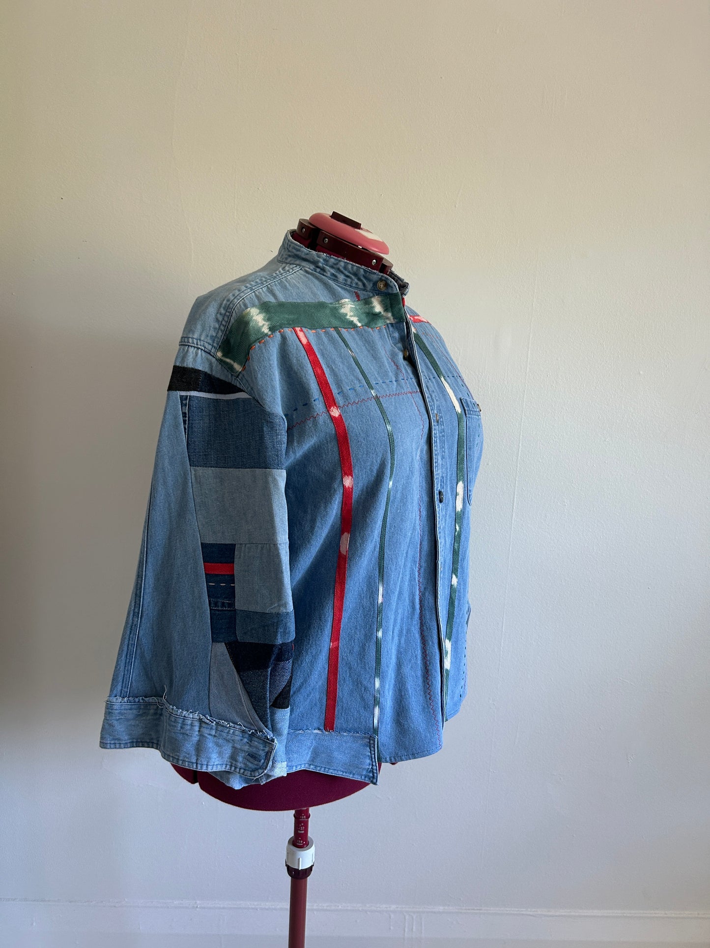 Ellis Reclaimed Patchwork Wrangler Denim Shirt with Handstitching & Hand Dyed Twill Ribbon 2X/3X #ELL6