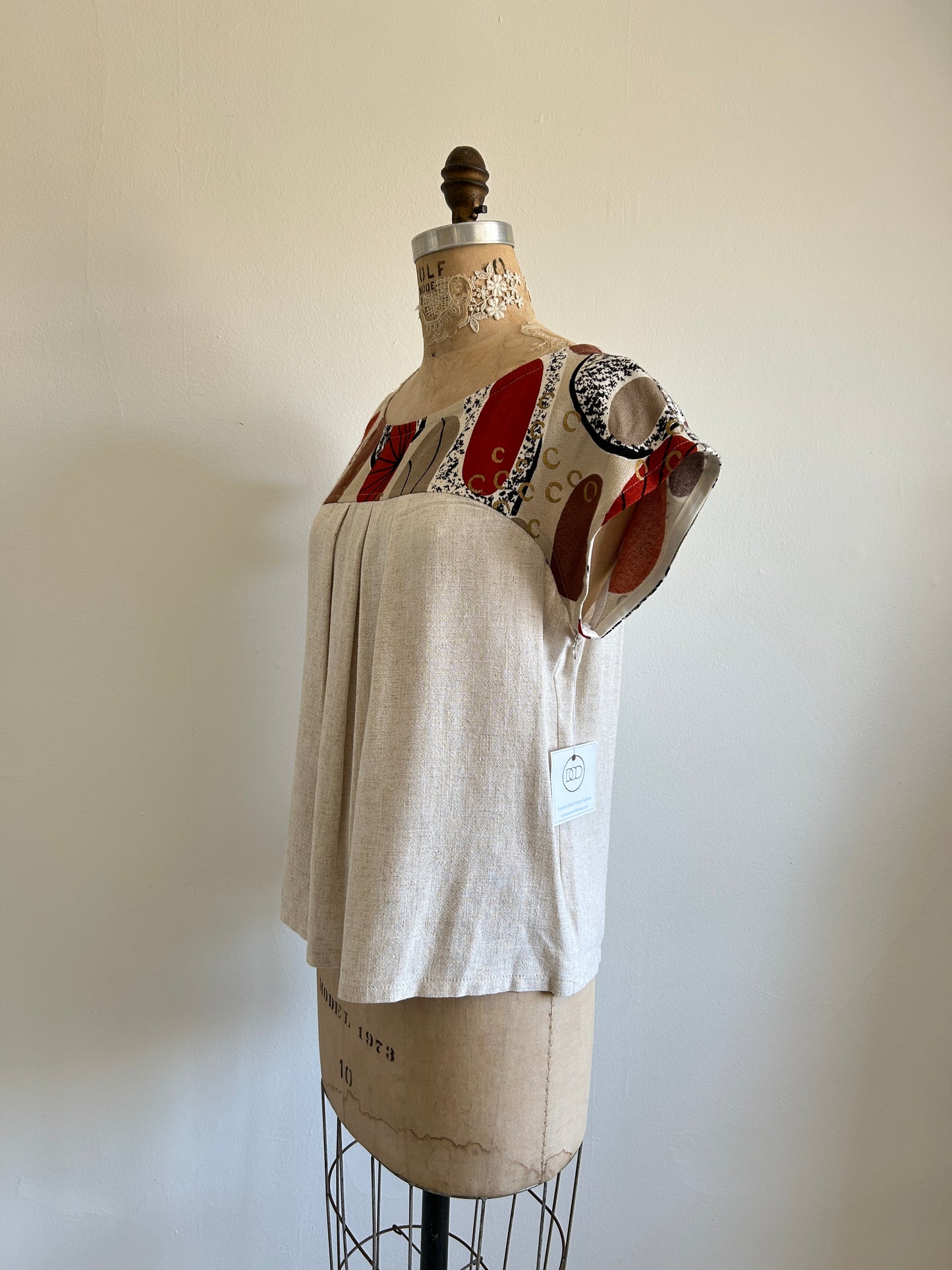 Peony Top - One of a Kind Upcycled Vintage Barkcloth Cotton & Linen Size L #PEO21