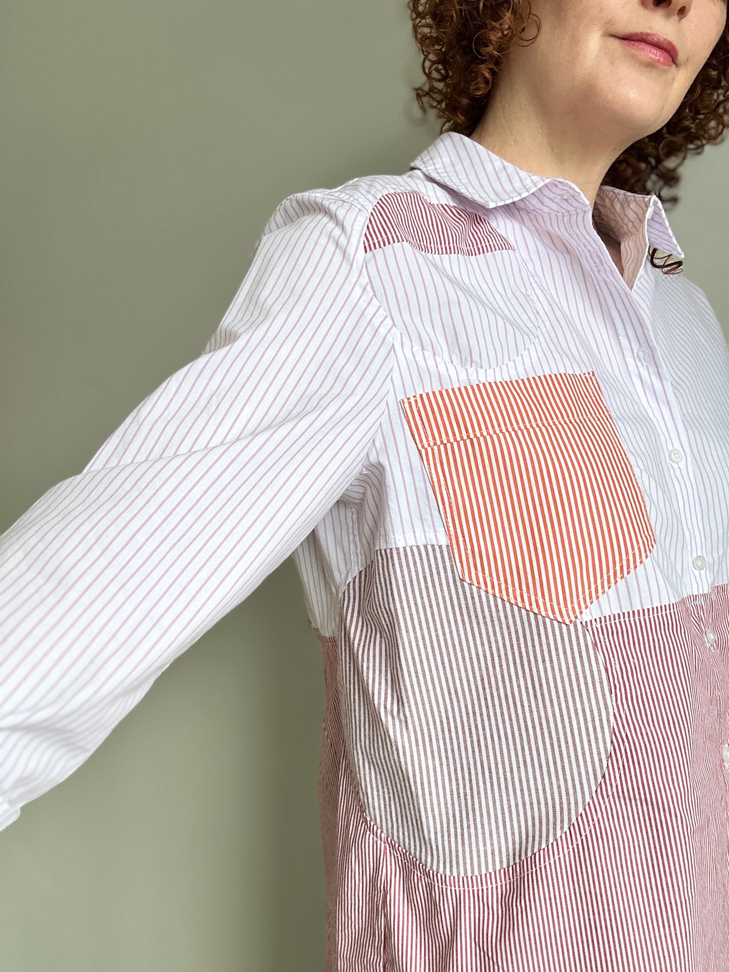 Upcycled Modern Workwear Pinstripe Shirt - Circle Series Size L/XL #PIN13