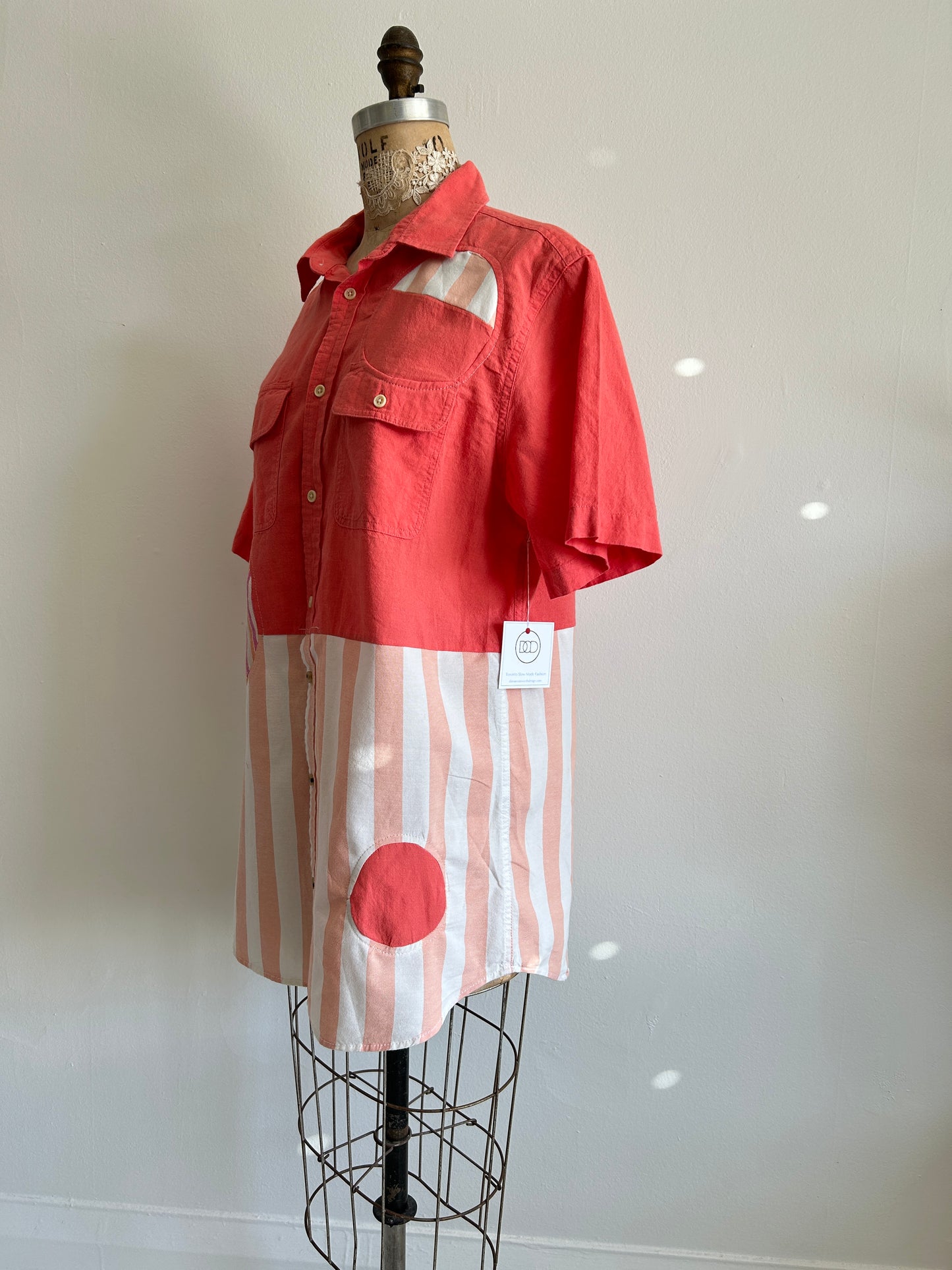 Upcycled Modern Workwear Cotton Linen Stripe Shirt - Circle Series Size M/L #PIN5