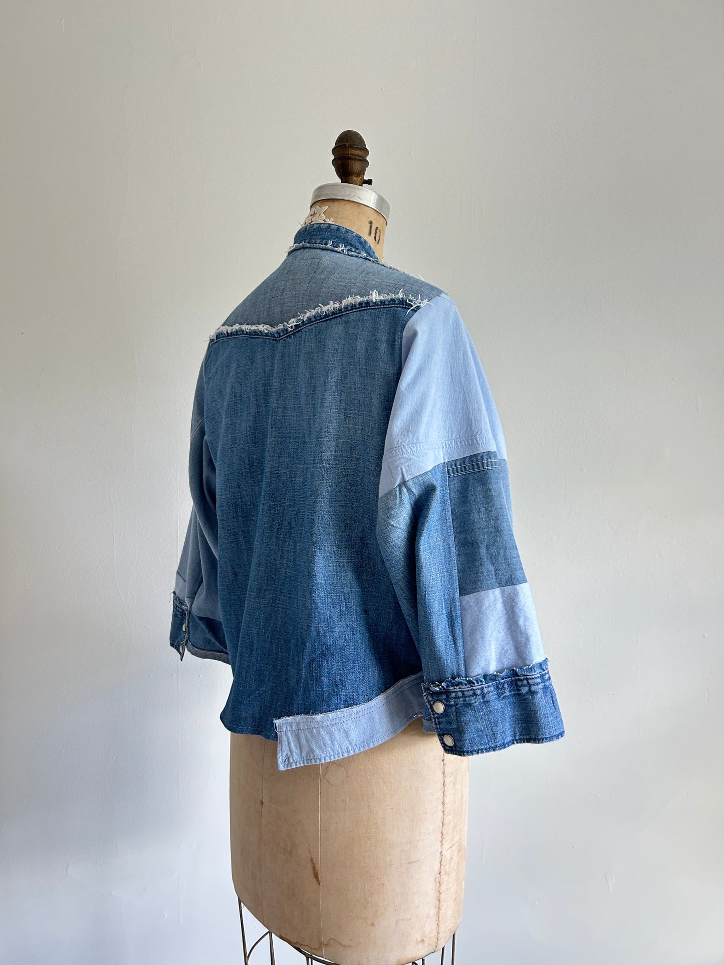 Ellis Reclaimed Patchwork Denim Shirt with Handstitching & Hand Dyed Twill Ribbon S/M #ELL3