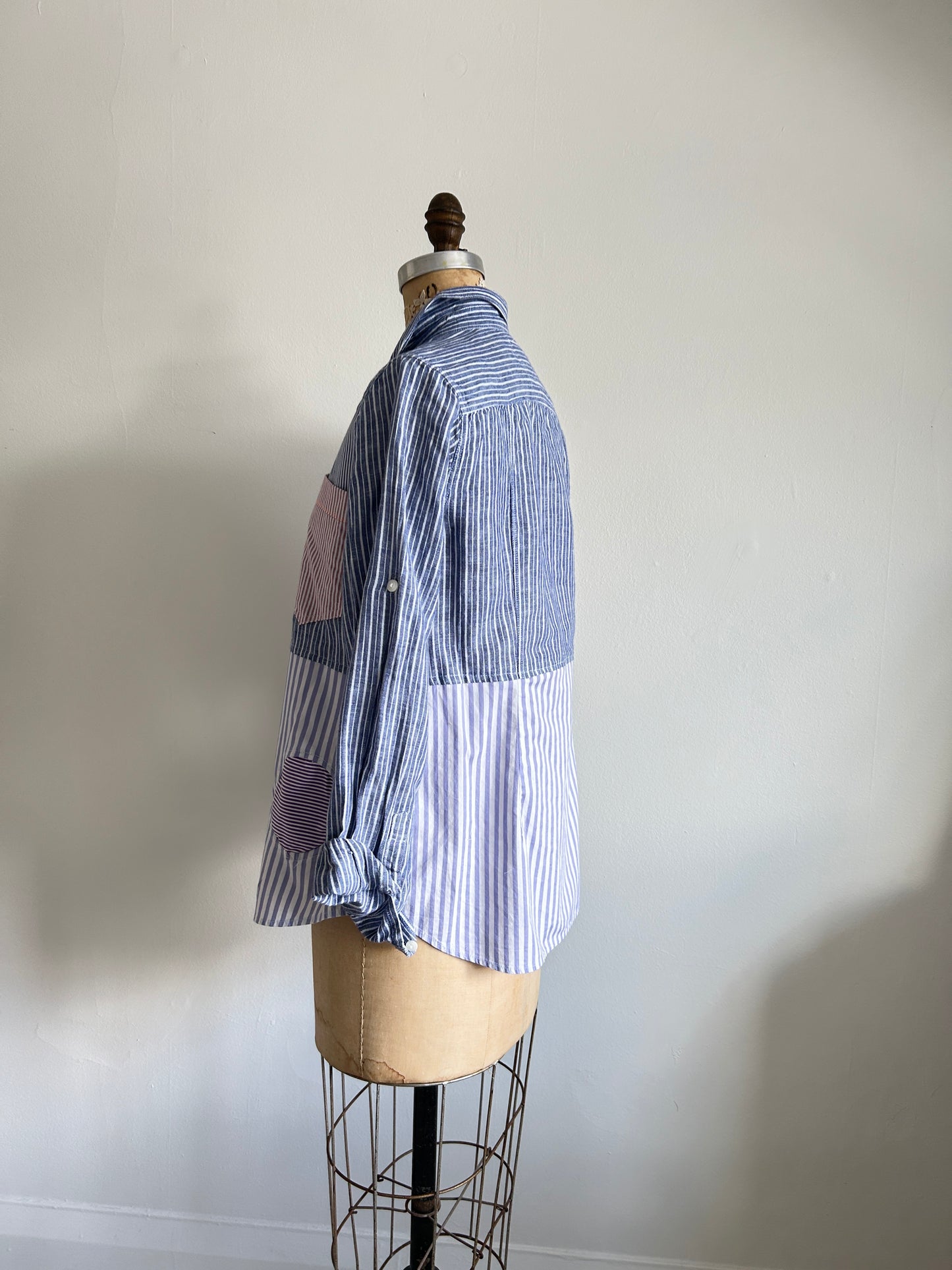 Upcycled Modern Workwear Pinstripe Shirt - Circle Series Size XS/S #PIN6