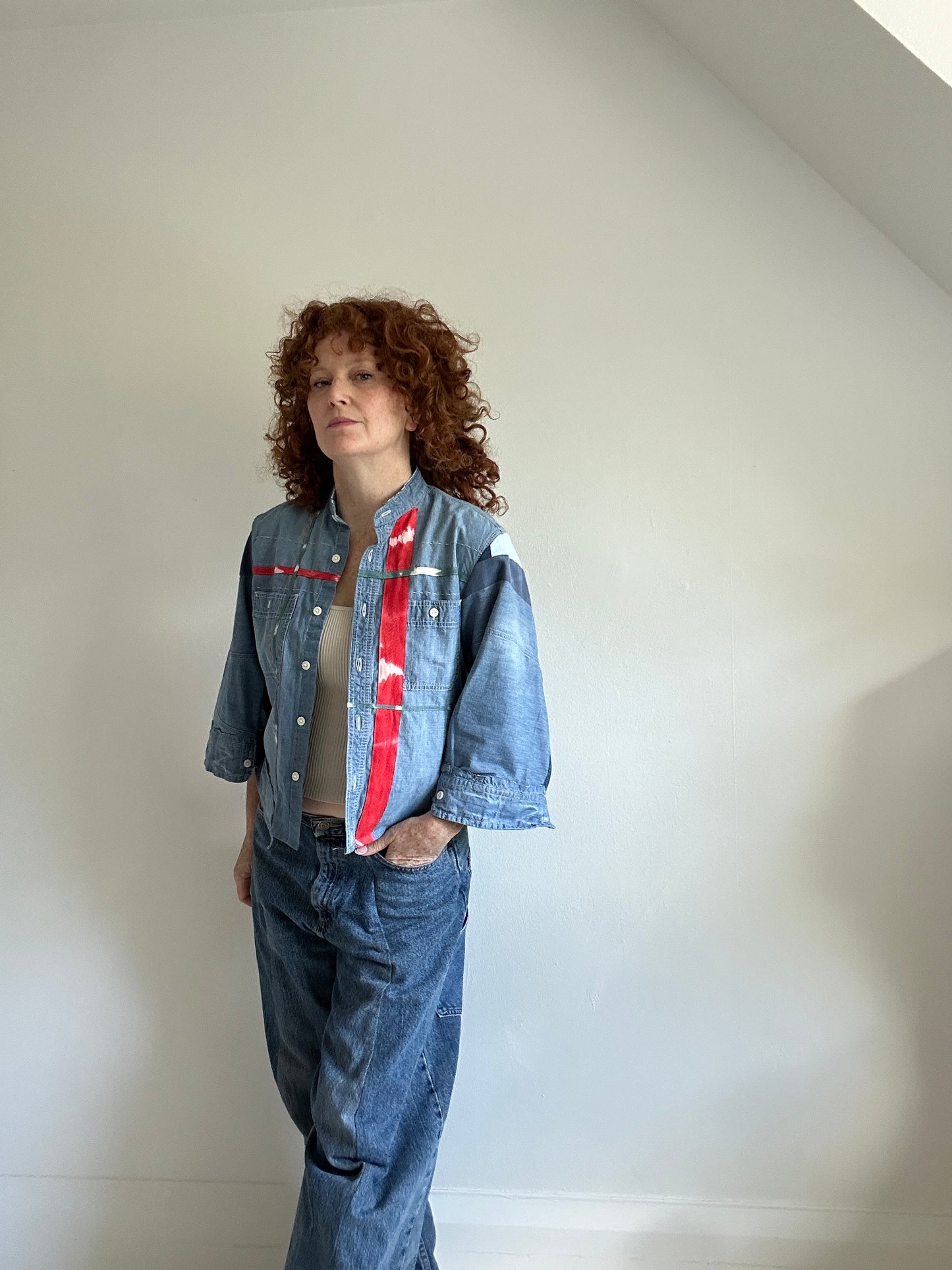 Ellis Reclaimed Patchwork Denim Shirt with Handstitching & Hand Dyed Twill Ribbon M/L #ELL4