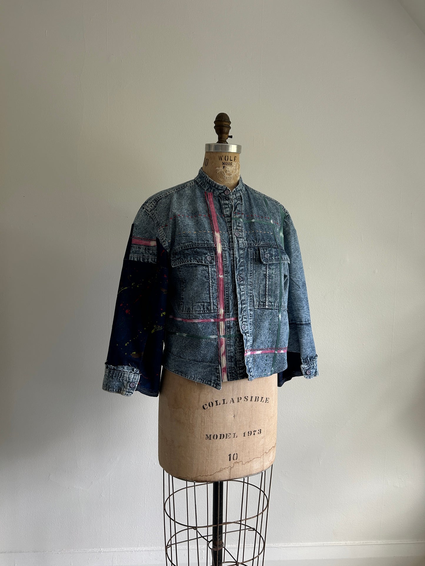 Ellis Reclaimed Patchwork Denim Shirt with Handstitching & Hand Dyed Twill Ribbon XS/S #ELL2